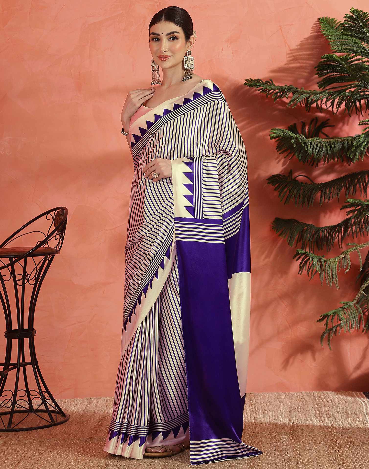 Cream Satin Printed Saree