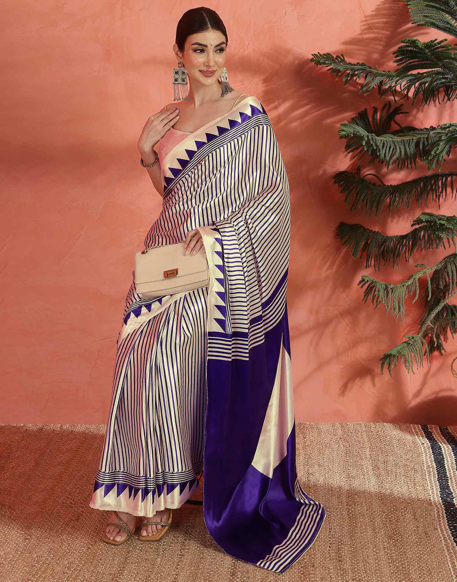 Cream Satin Printed Saree