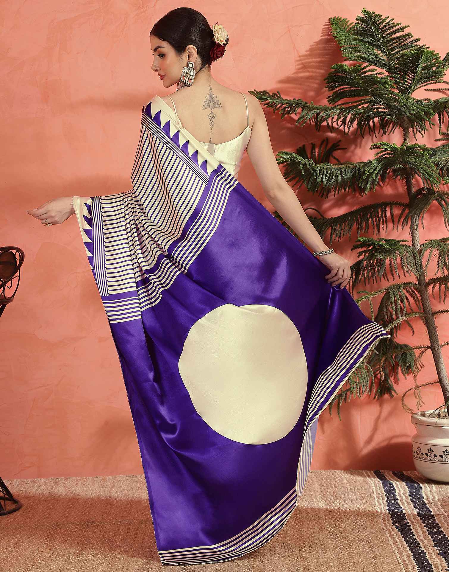 Cream Satin Printed Saree
