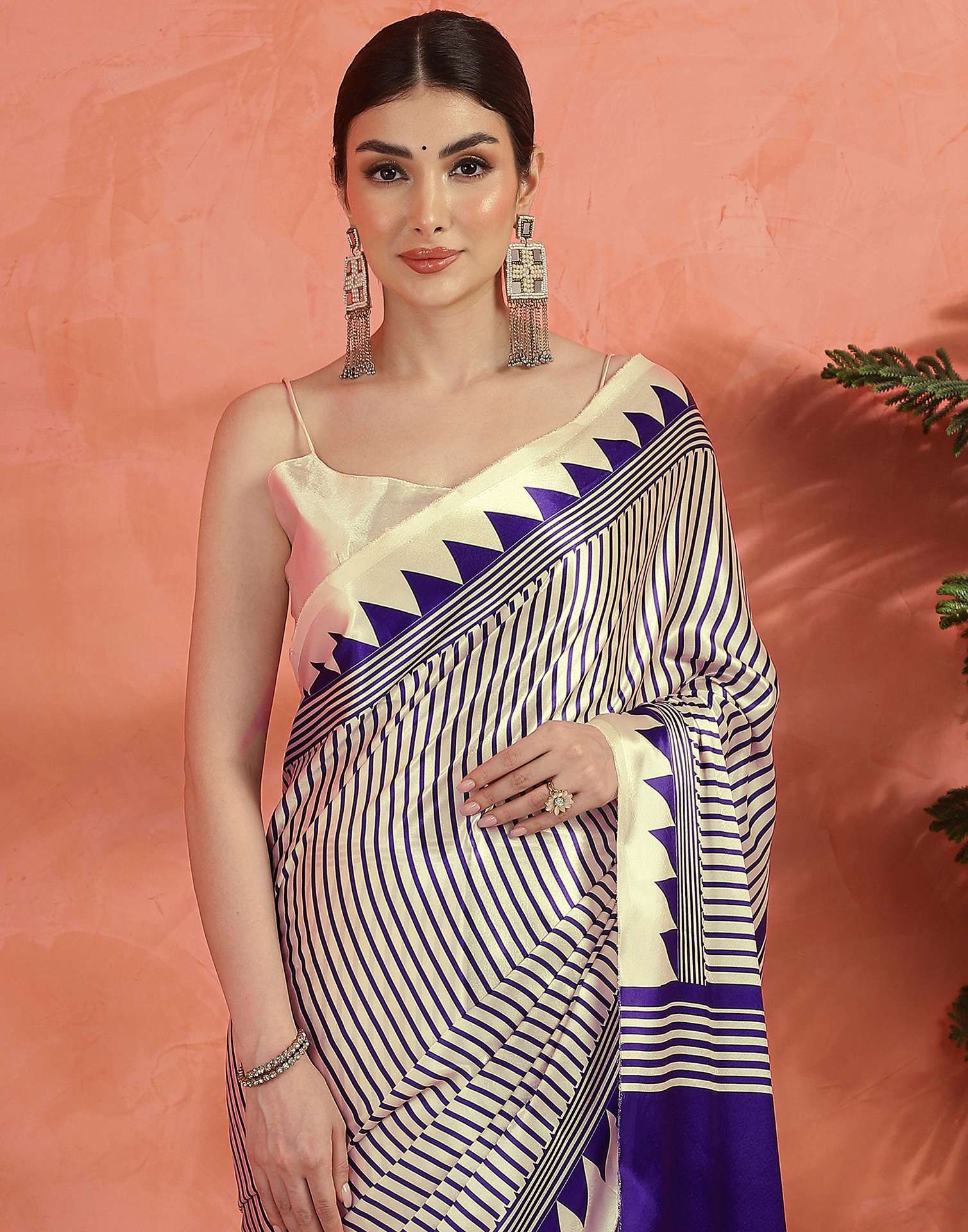 Cream Satin Printed Saree