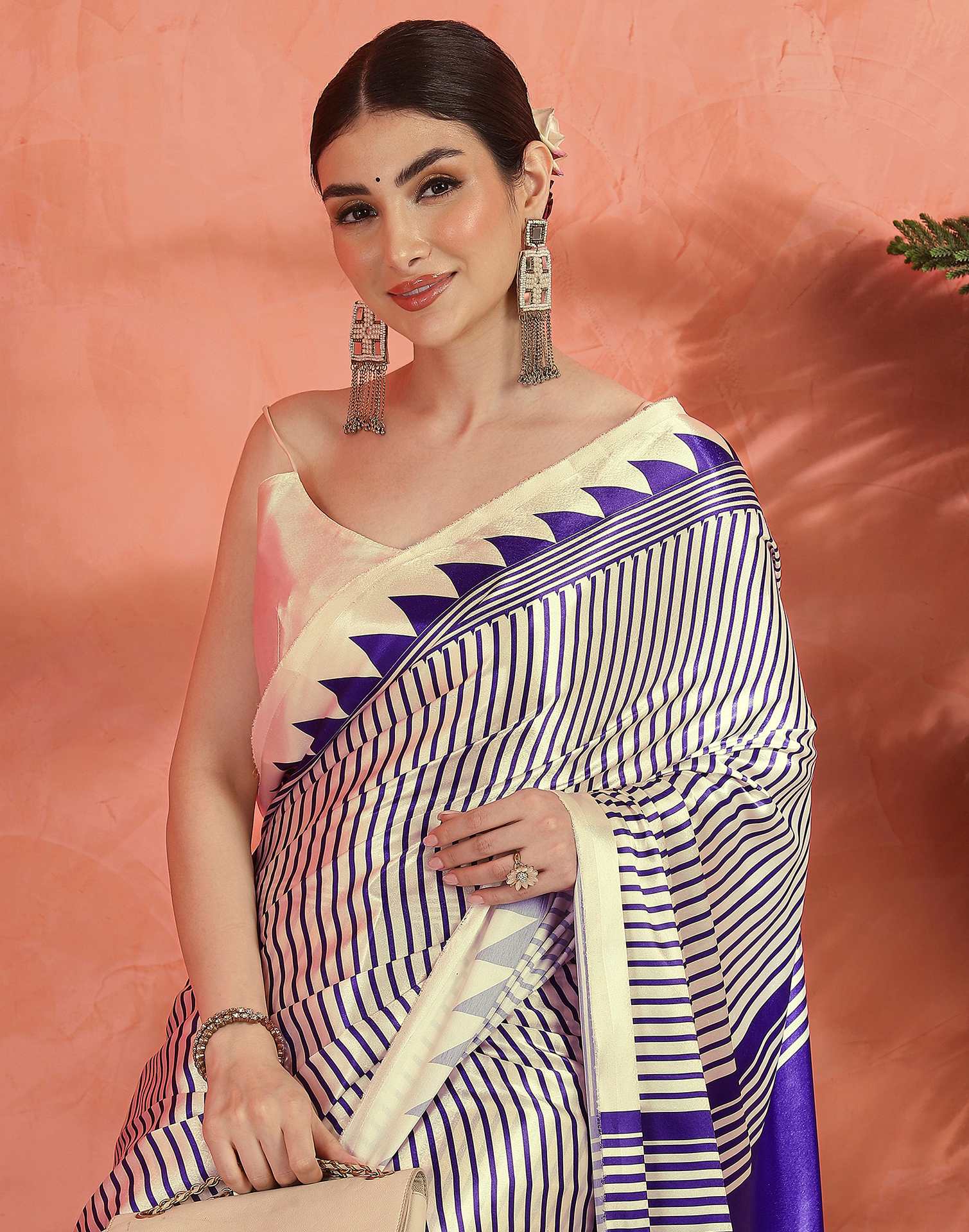 Cream Satin Printed Saree