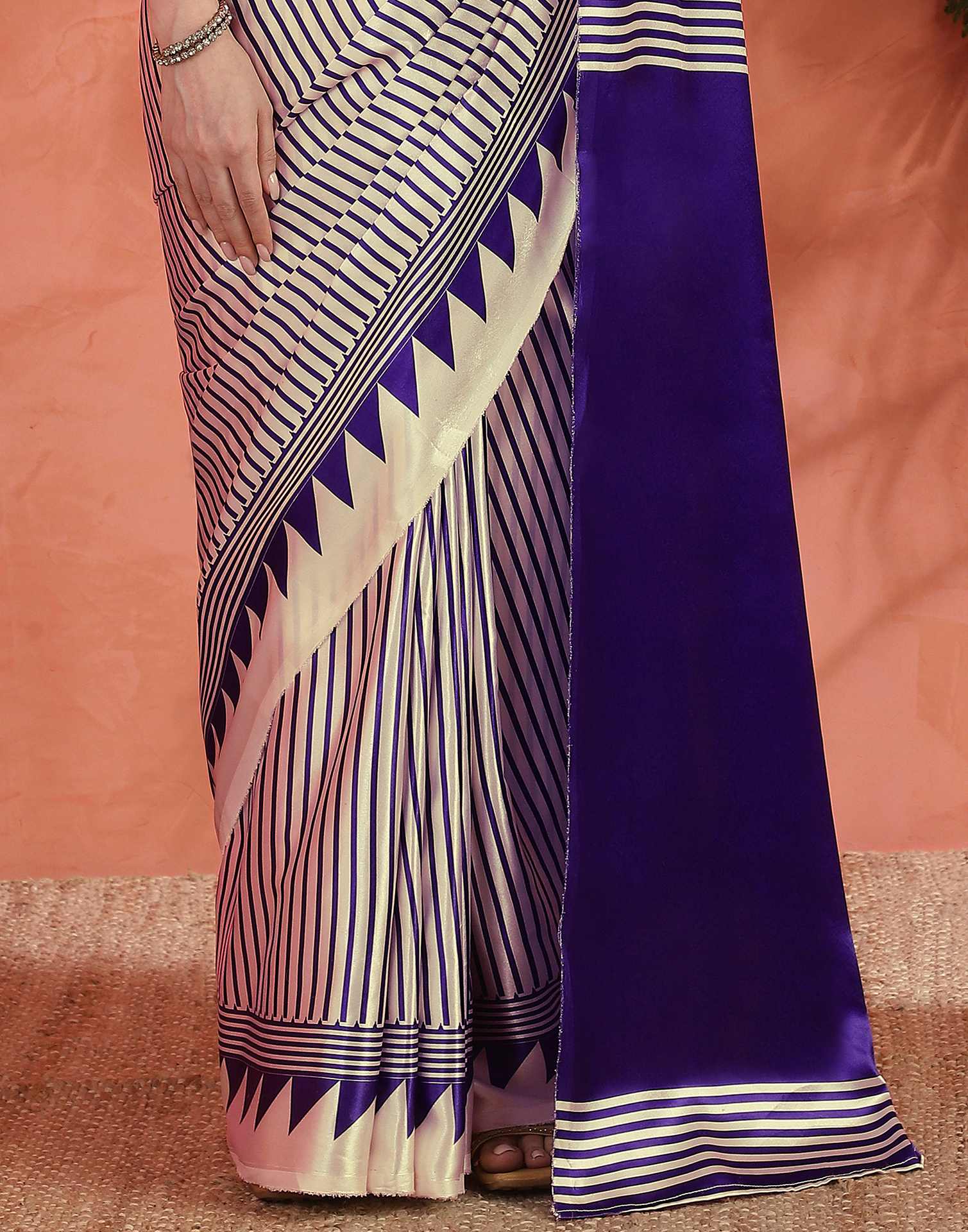Cream Satin Printed Saree