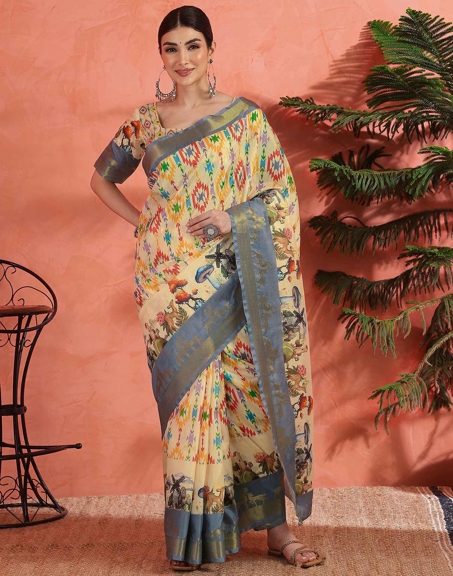 Cream Silk Printed Saree