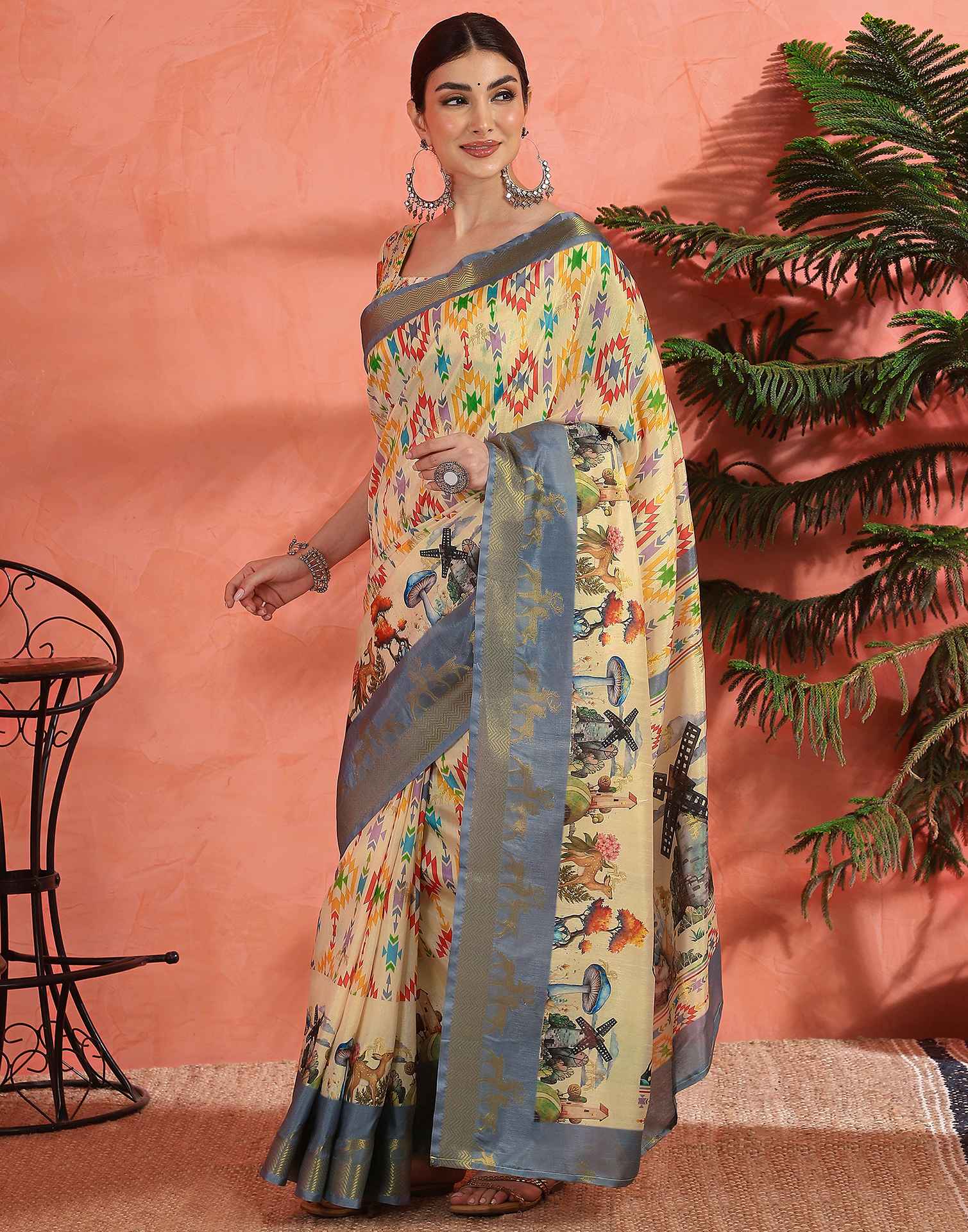 Cream Silk Printed Saree