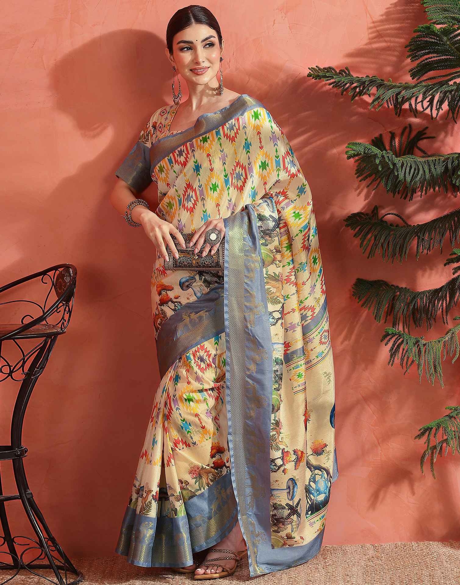 Cream Silk Printed Saree