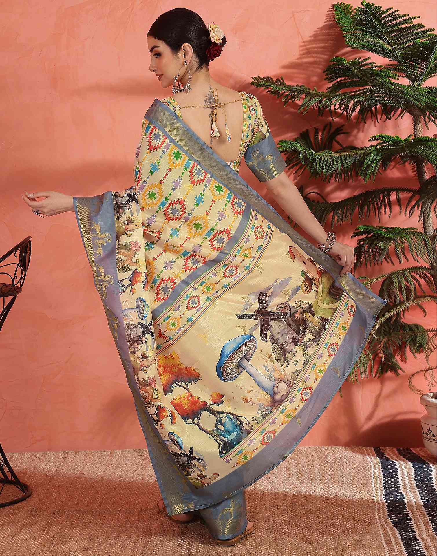 Cream Silk Printed Saree