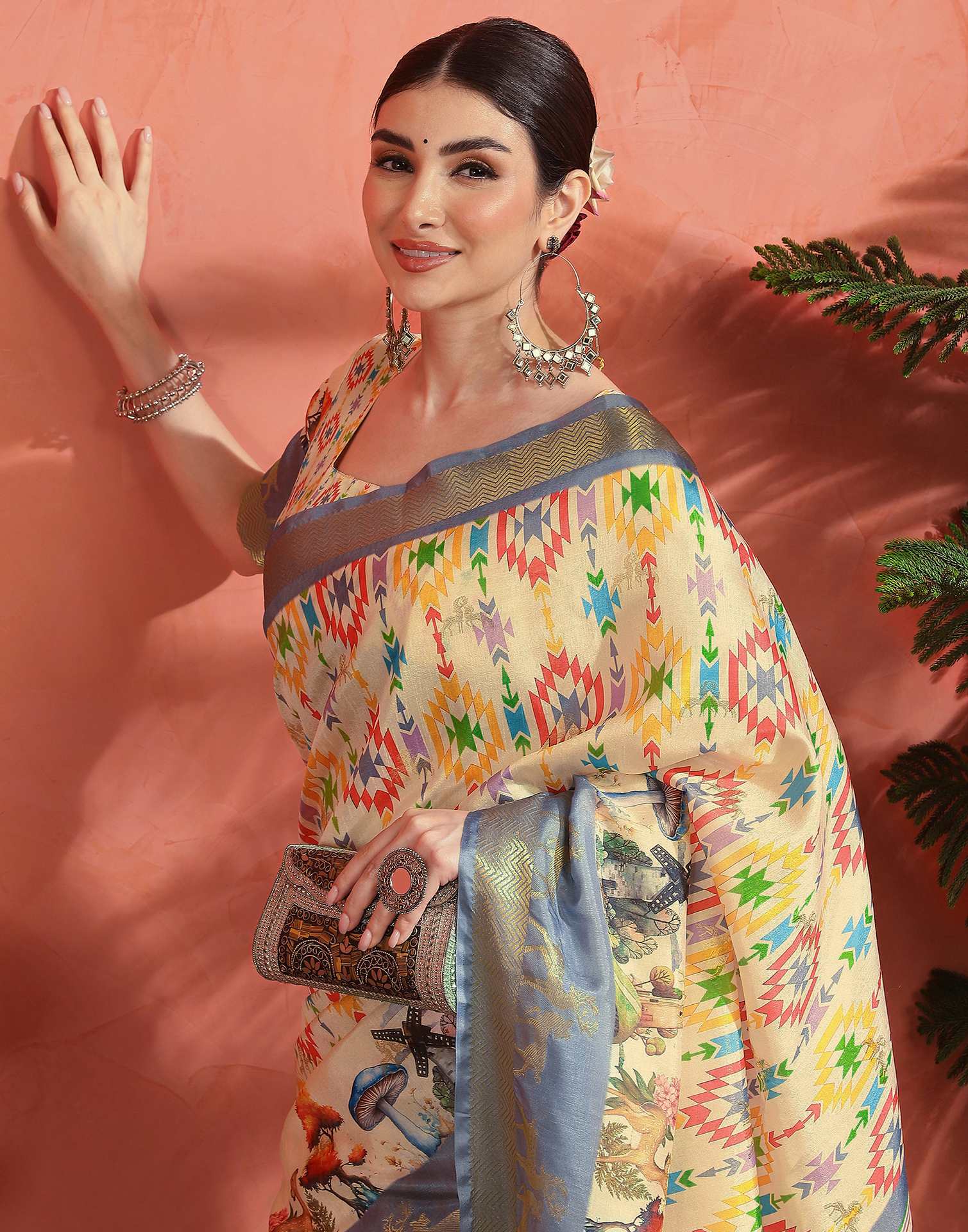 Cream Silk Printed Saree