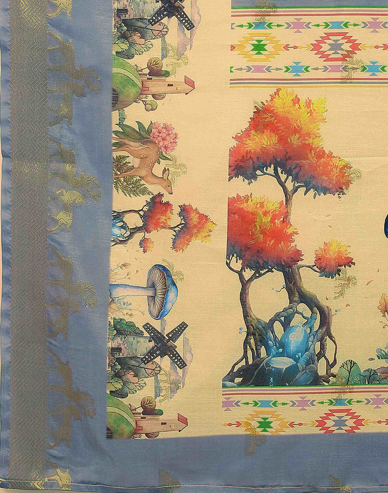 Cream Silk Printed Saree