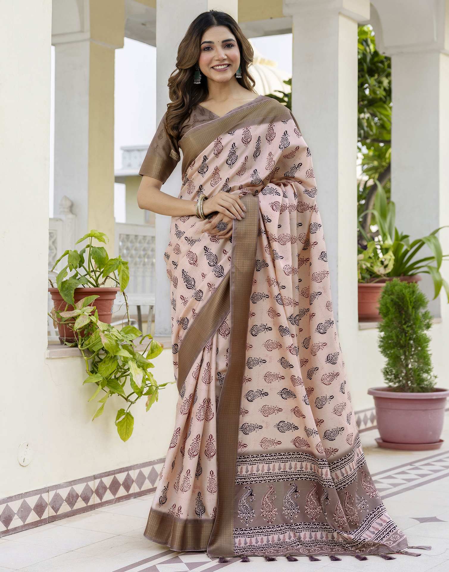 Peach Silk Printed Saree
