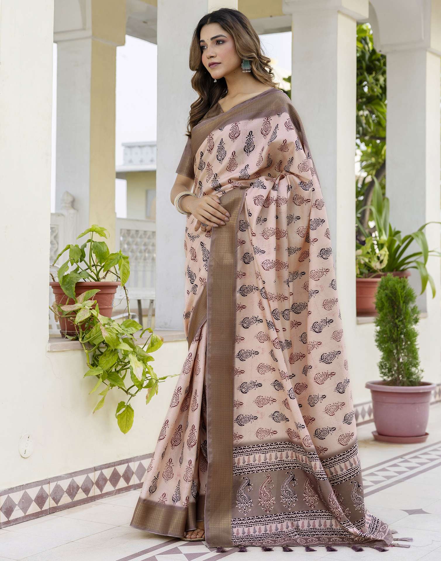 Peach Silk Printed Saree