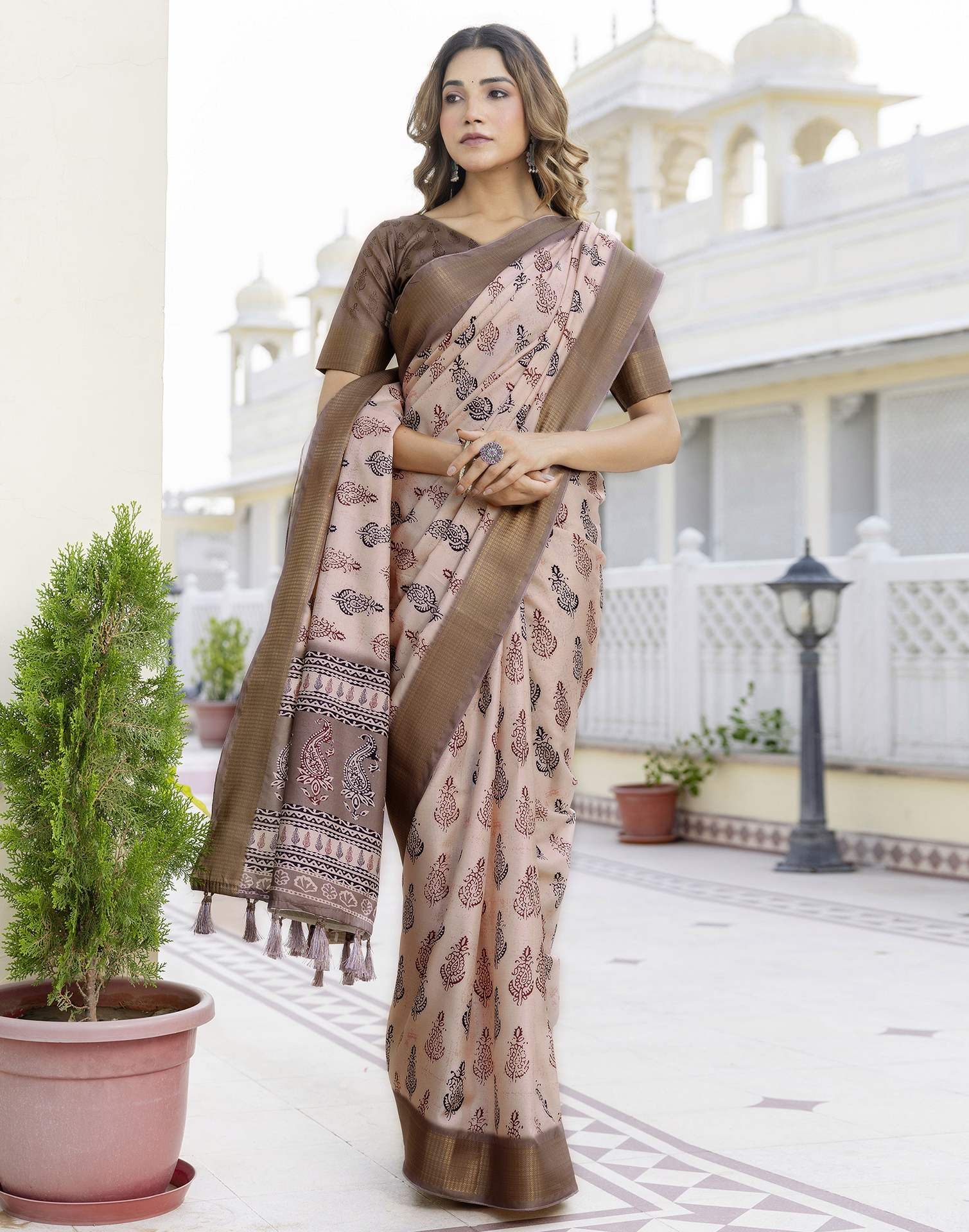 Peach Silk Printed Saree