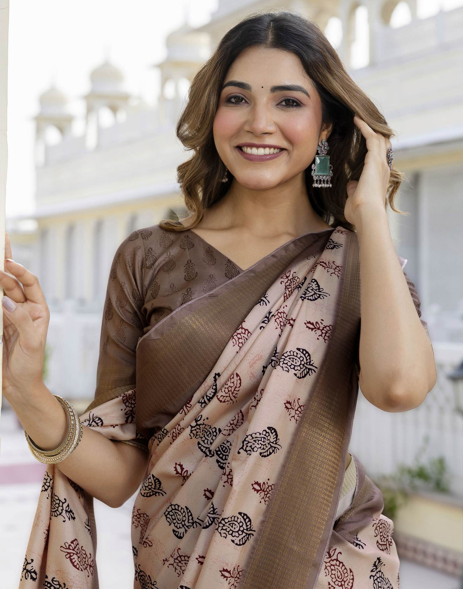 Peach Silk Printed Saree