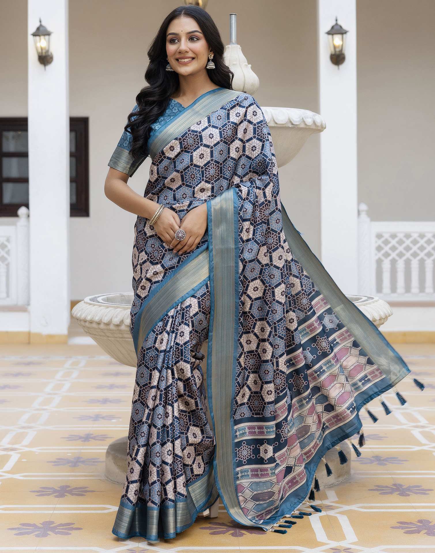 Navy Blue Silk Printed Saree
