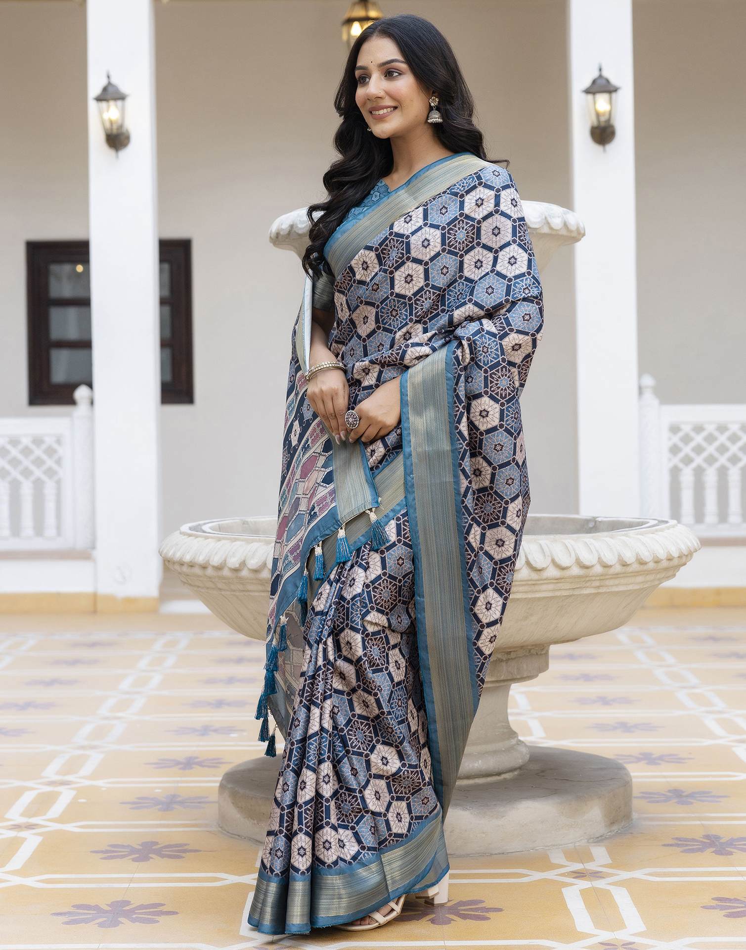Navy Blue Silk Printed Saree