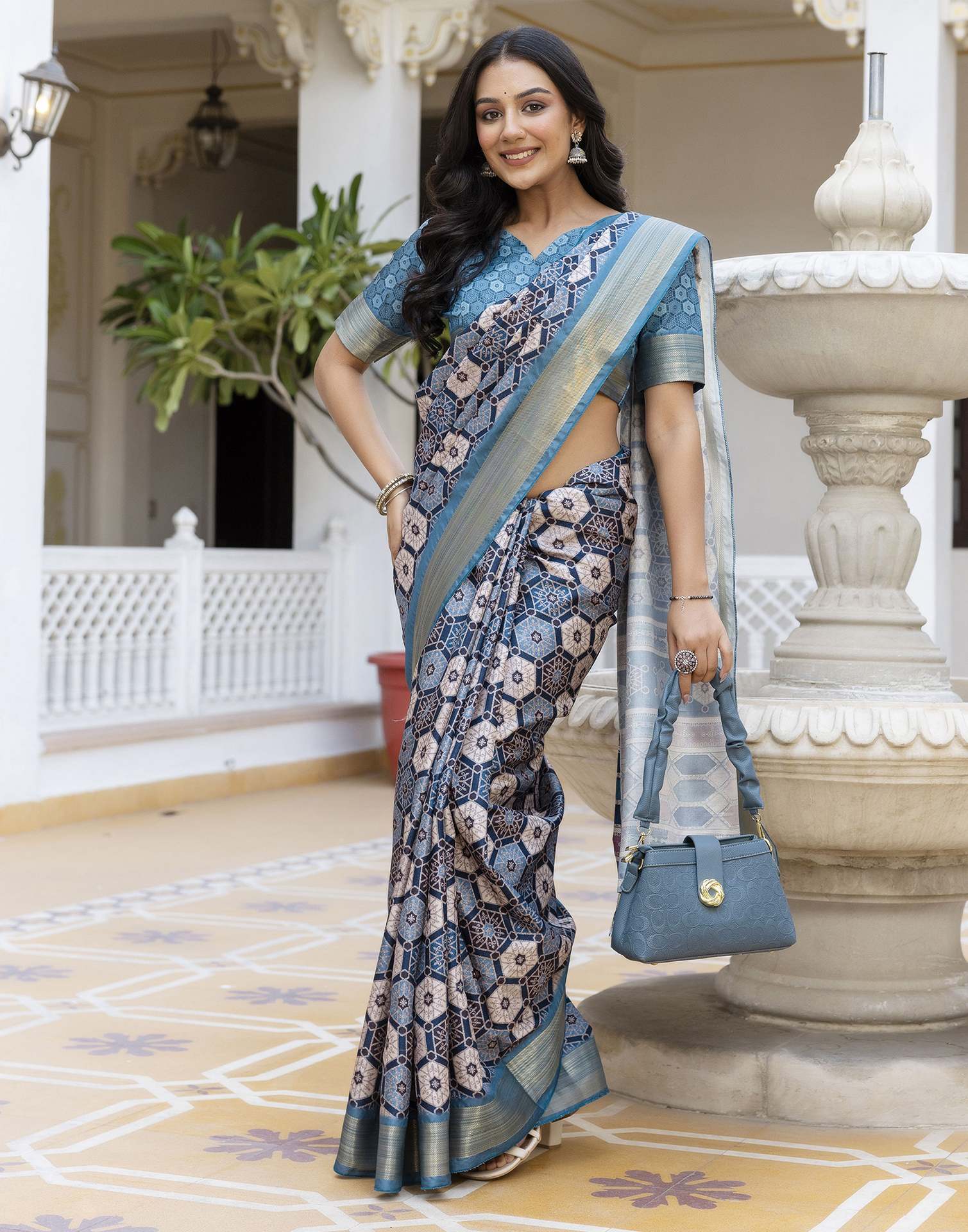 Navy Blue Silk Printed Saree