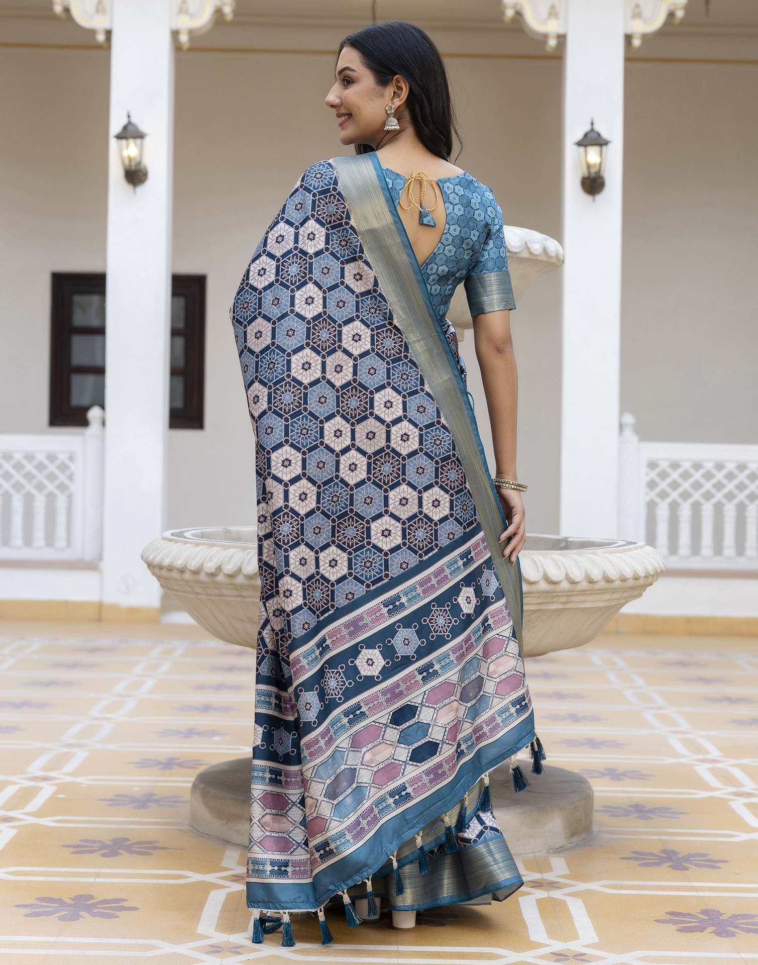 Navy Blue Silk Printed Saree