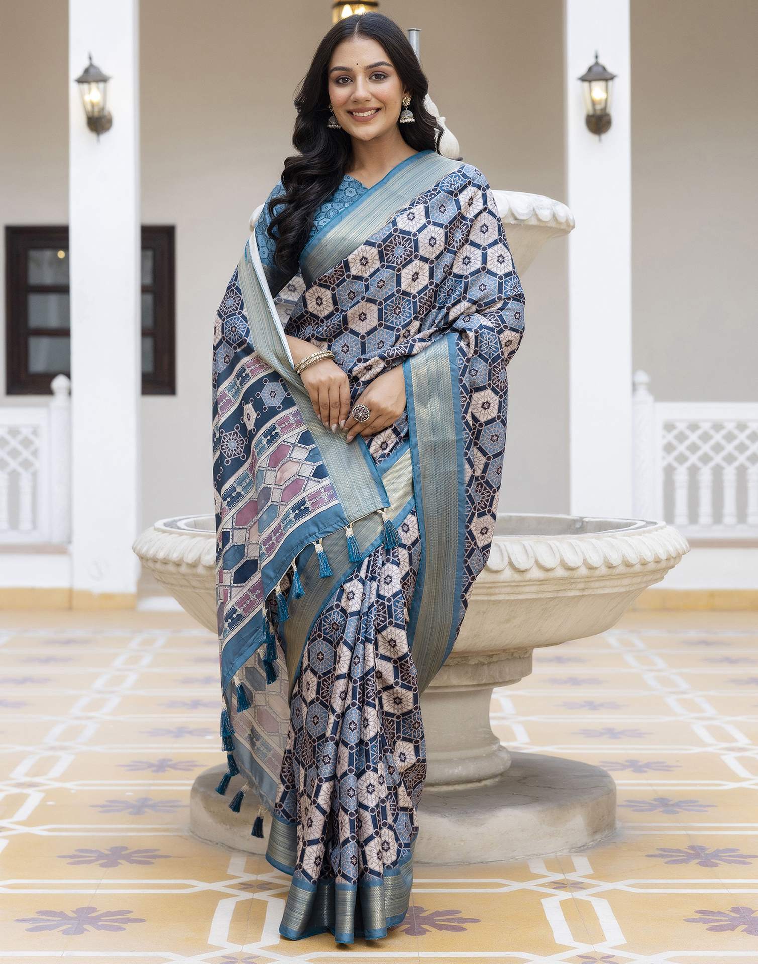 Navy Blue Silk Printed Saree