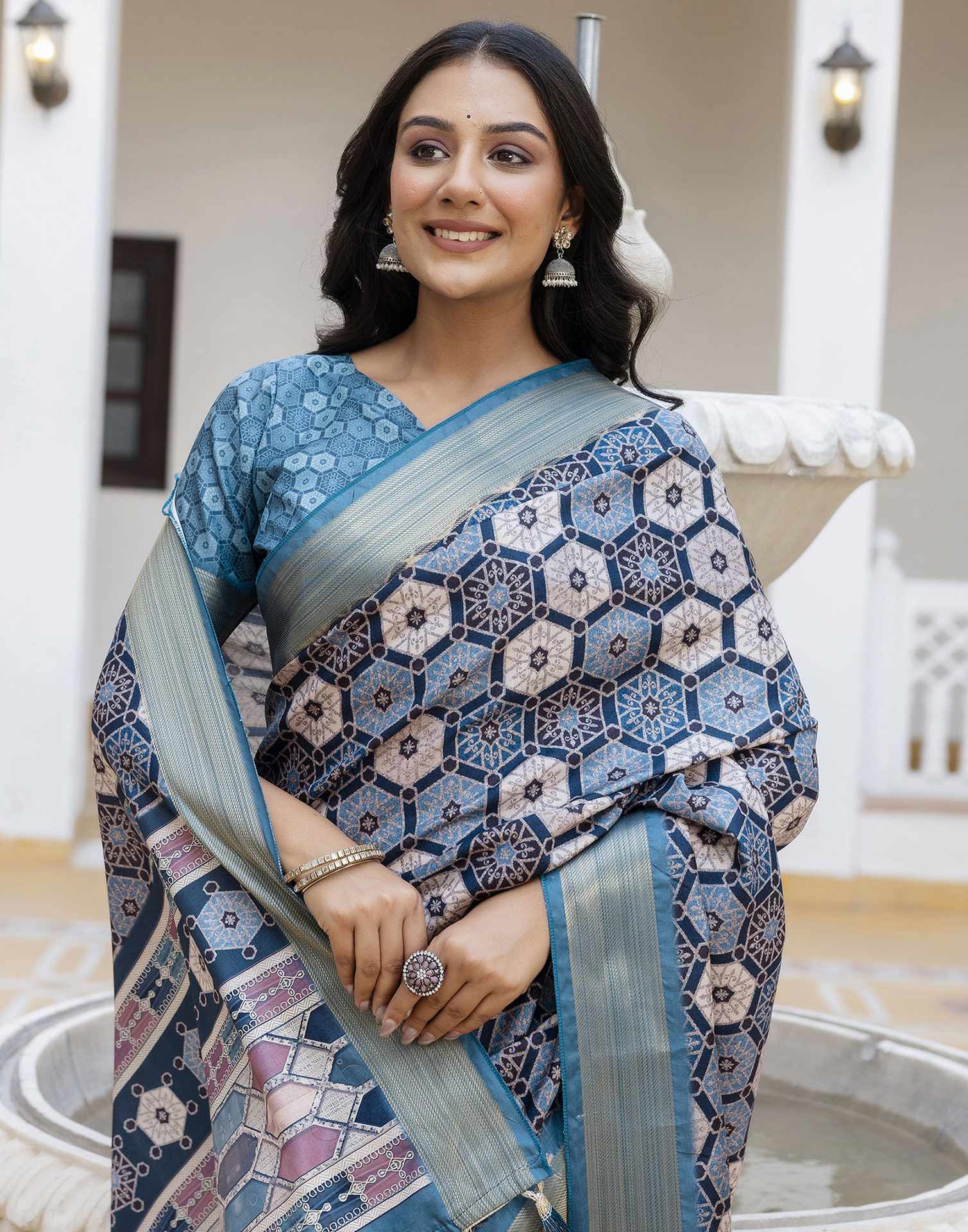 Navy Blue Silk Printed Saree