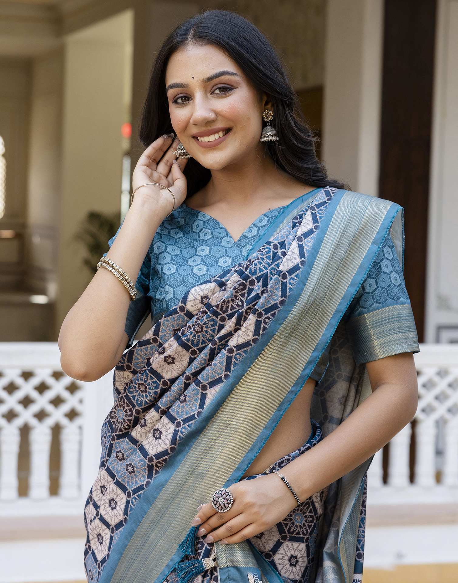 Navy Blue Silk Printed Saree