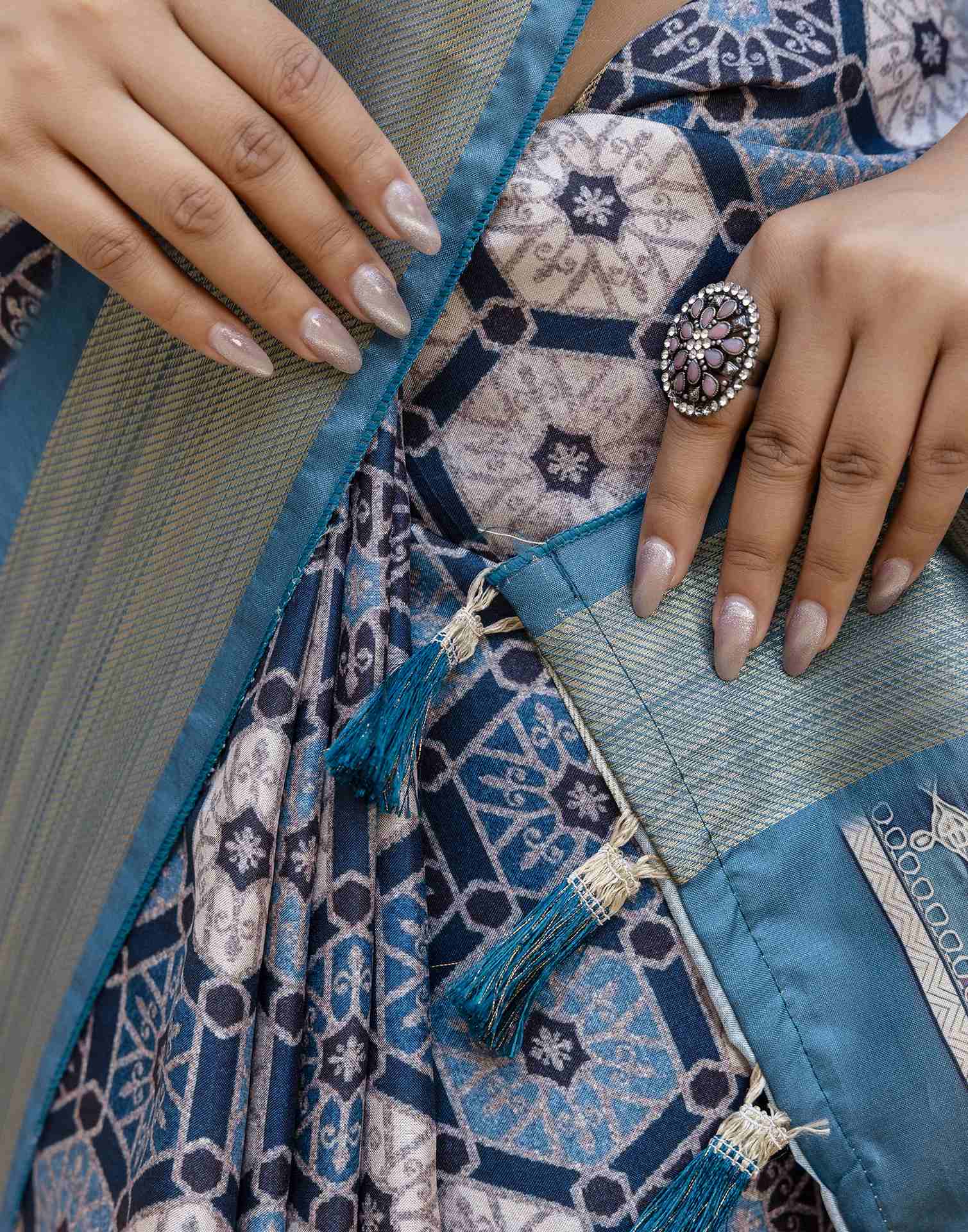 Navy Blue Silk Printed Saree