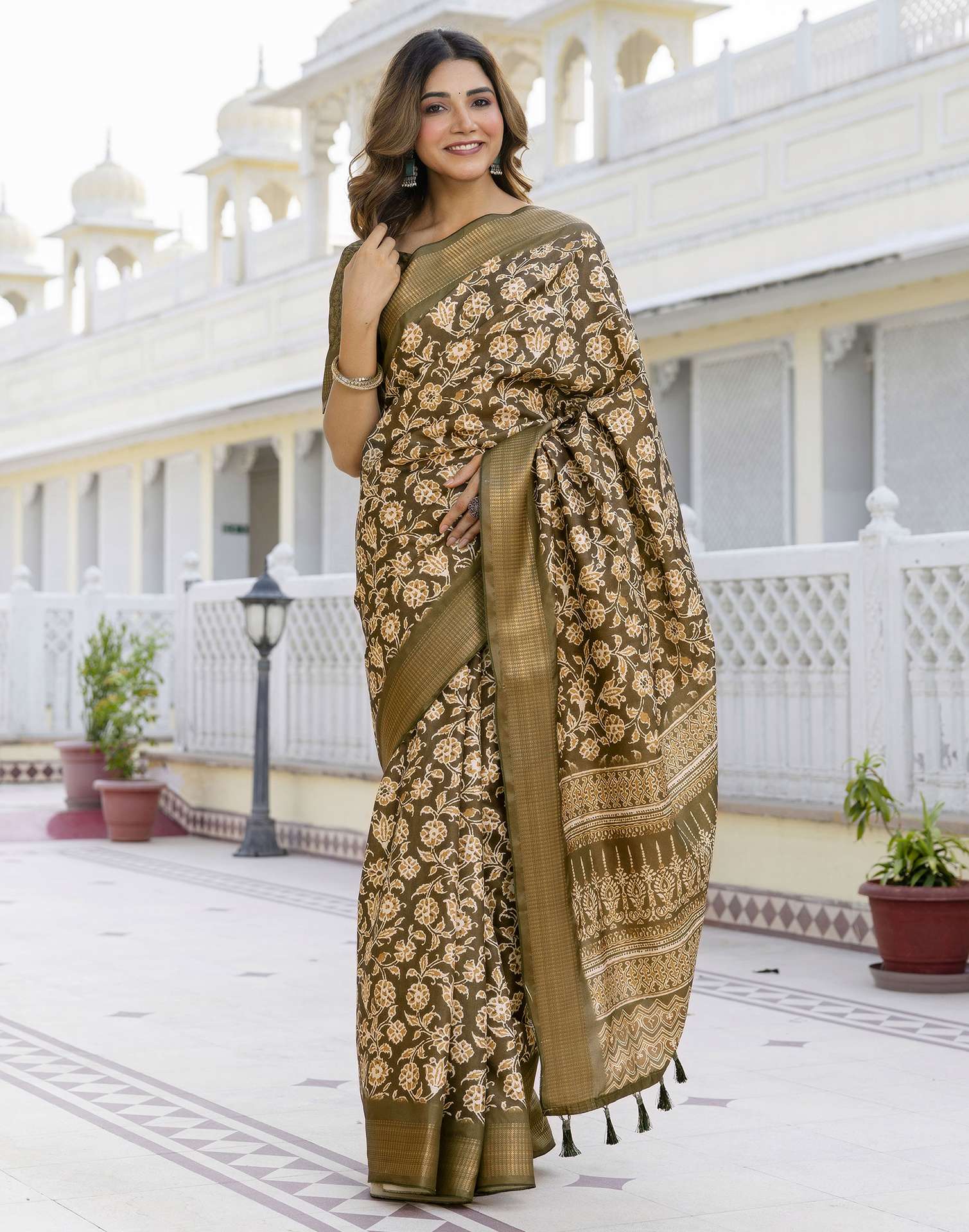 Mehandi Green Silk Printed Saree
