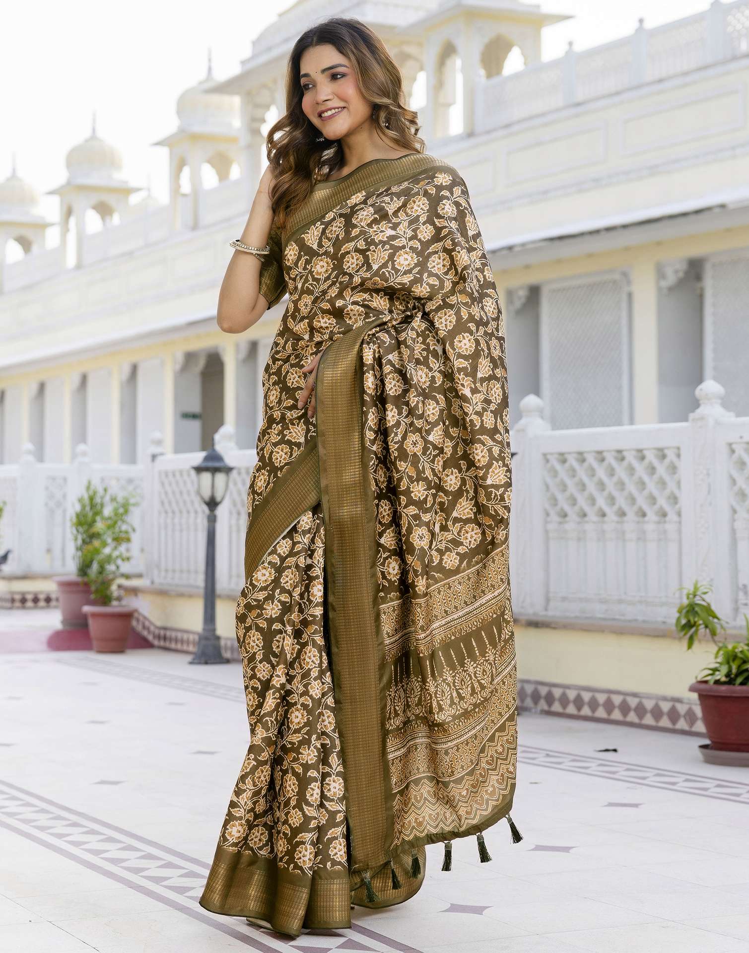 Mehandi Green Silk Printed Saree