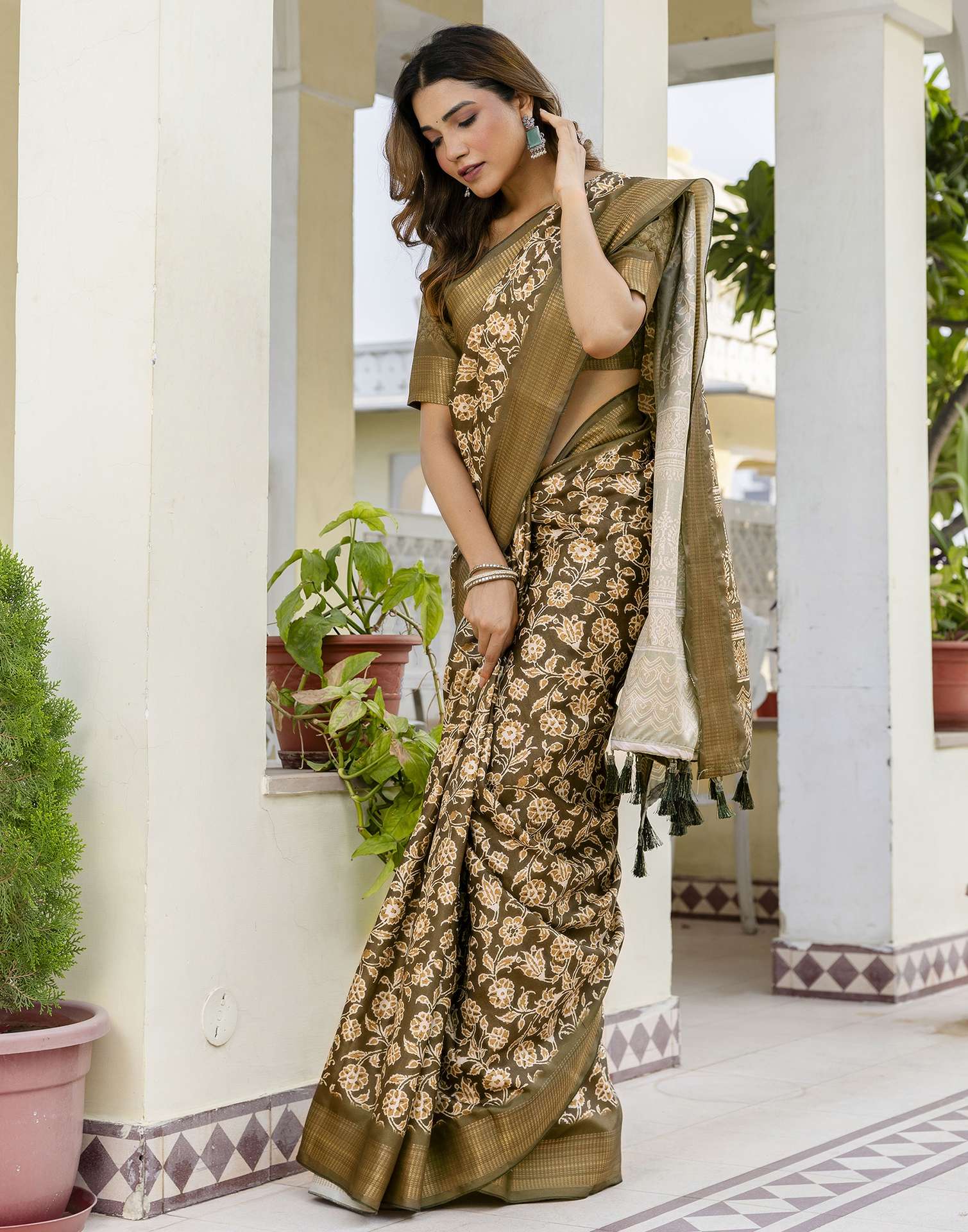 Mehandi Green Silk Printed Saree