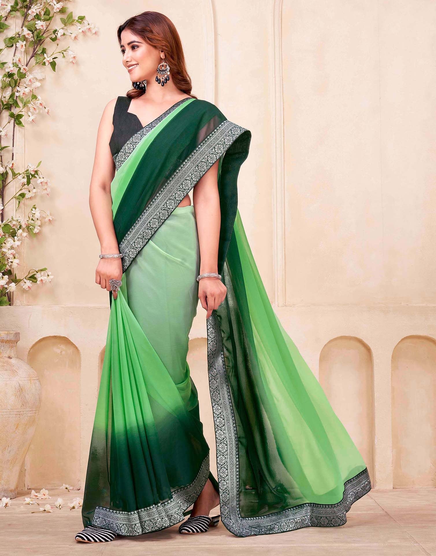 Green Georgette Woven Lace Saree