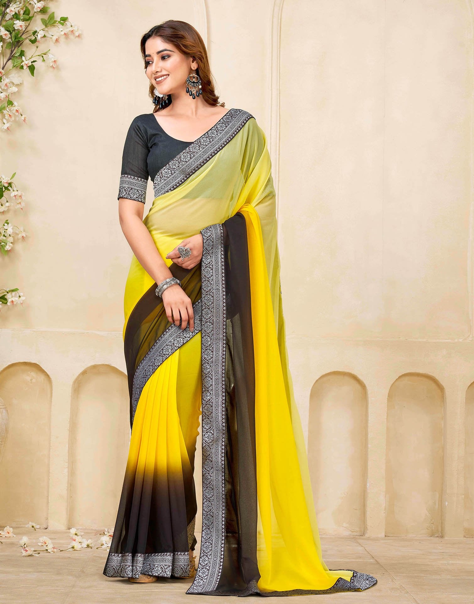 Yellow Georgette Woven Lace Saree