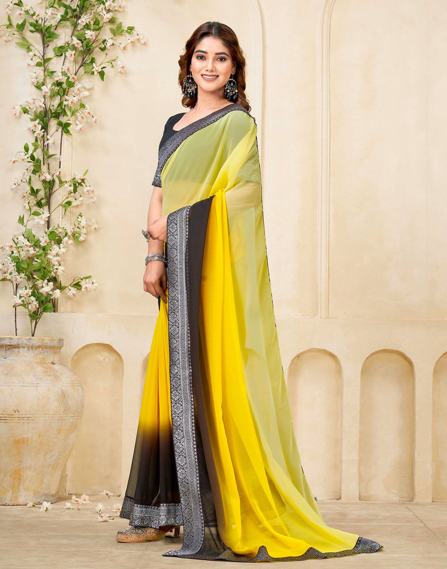 Yellow Georgette Woven Lace Saree