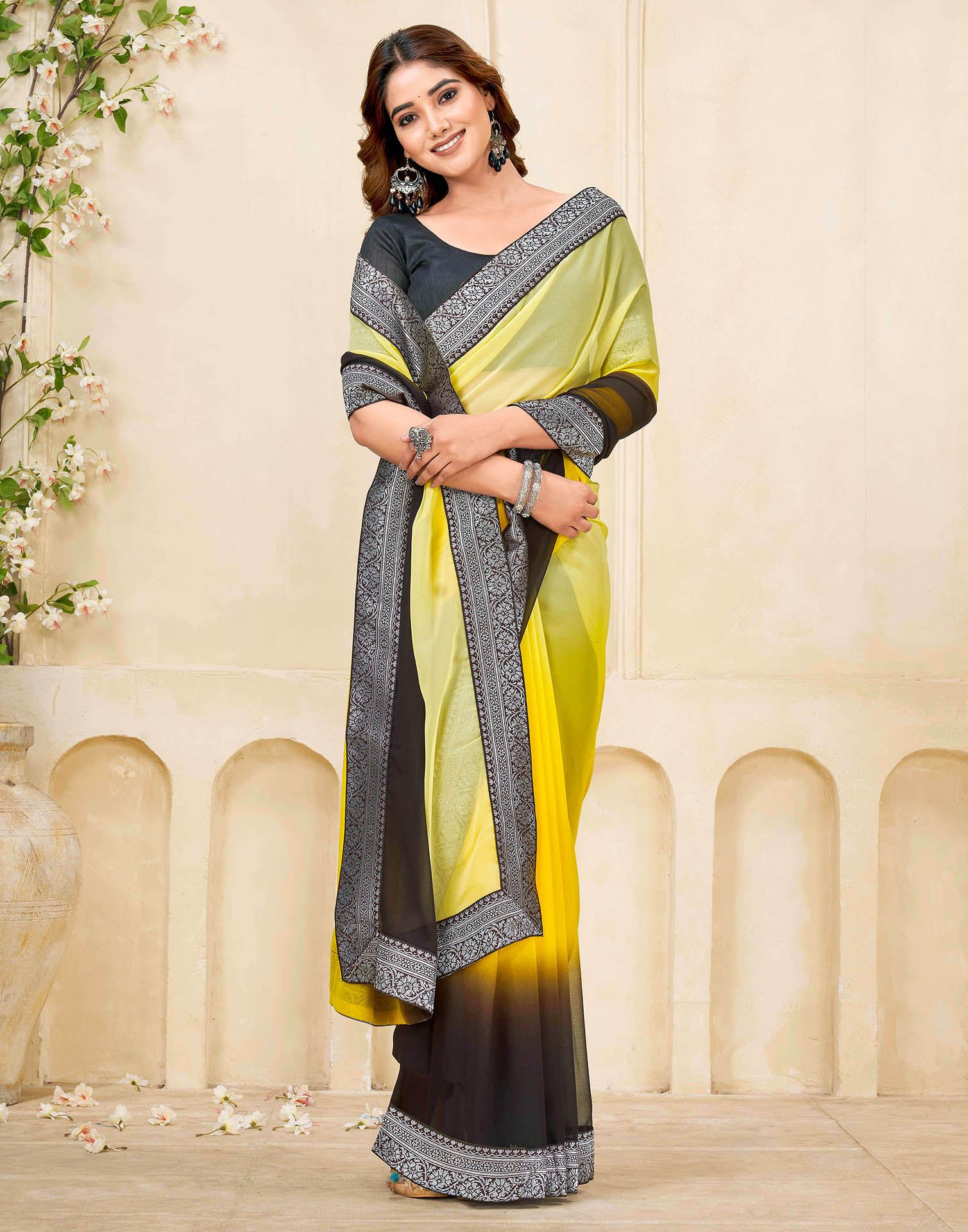 Yellow Georgette Woven Lace Saree