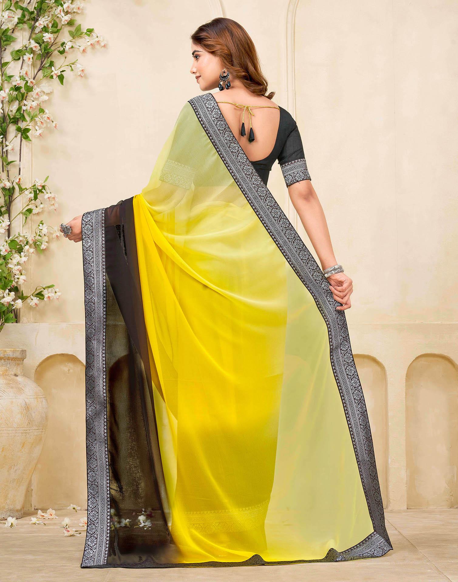 Yellow Georgette Woven Lace Saree