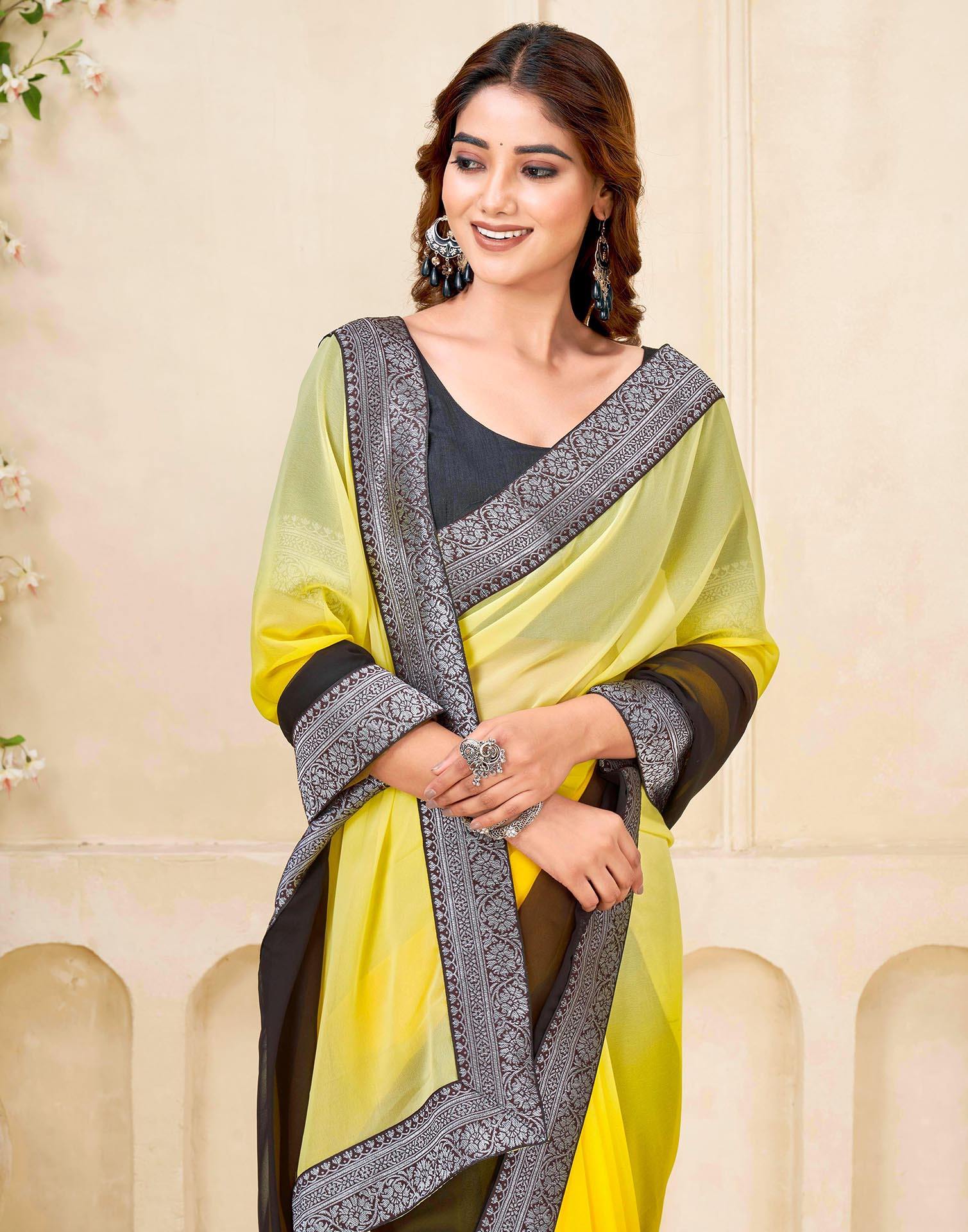 Yellow Georgette Woven Lace Saree