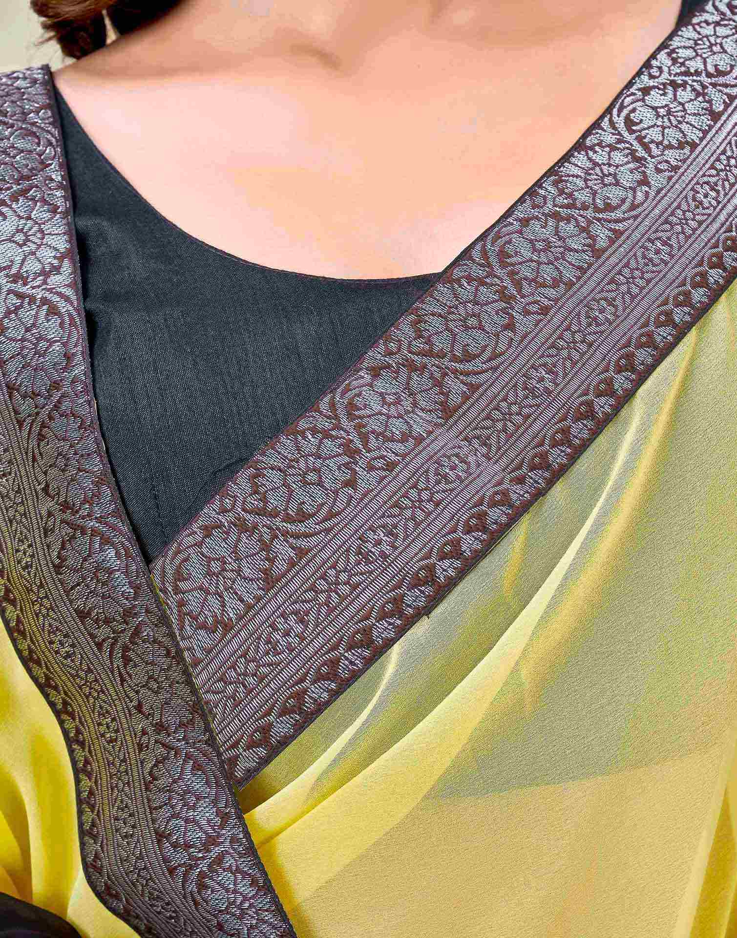 Yellow Georgette Woven Lace Saree
