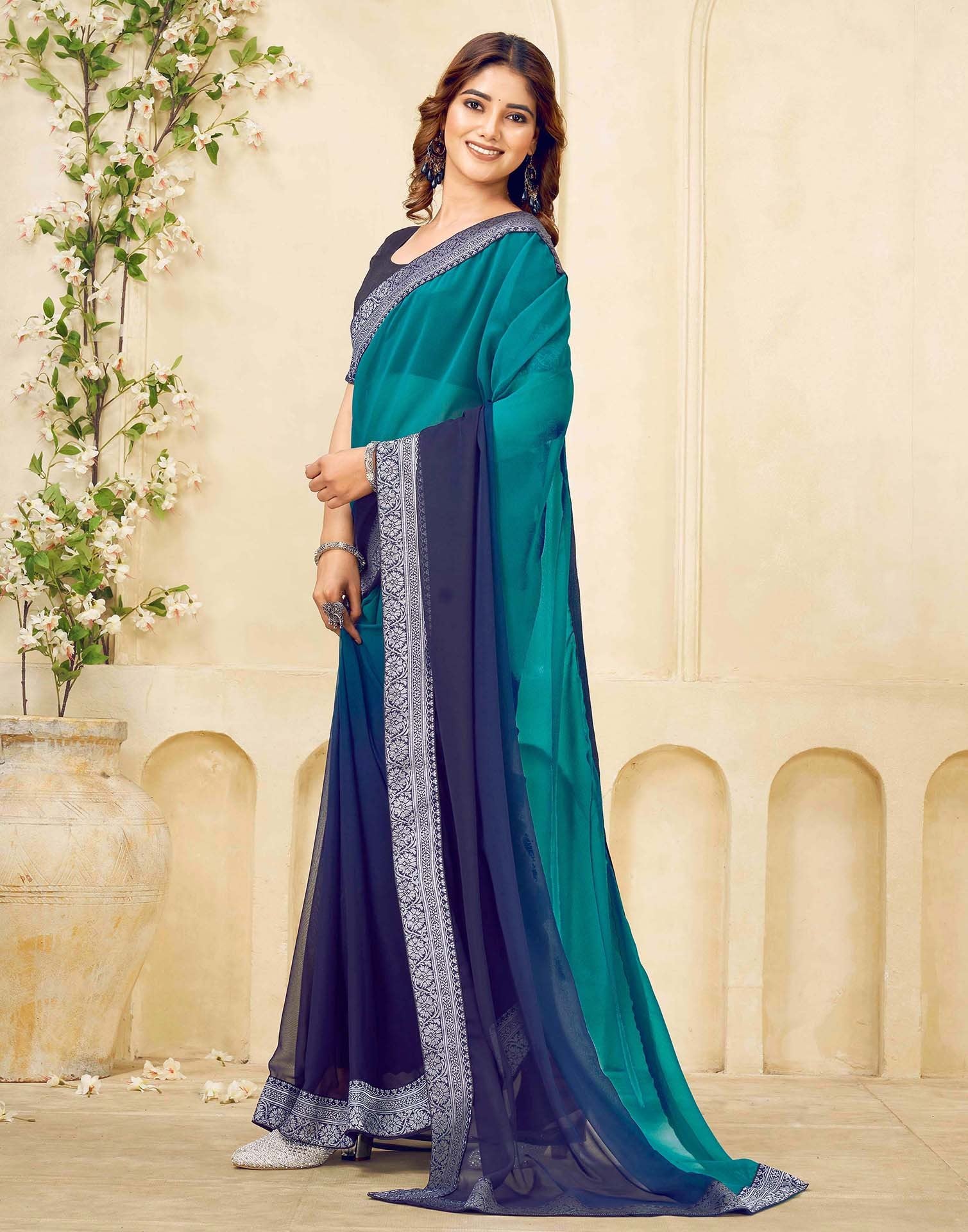 Navy Blue Georgette Woven Lace Saree