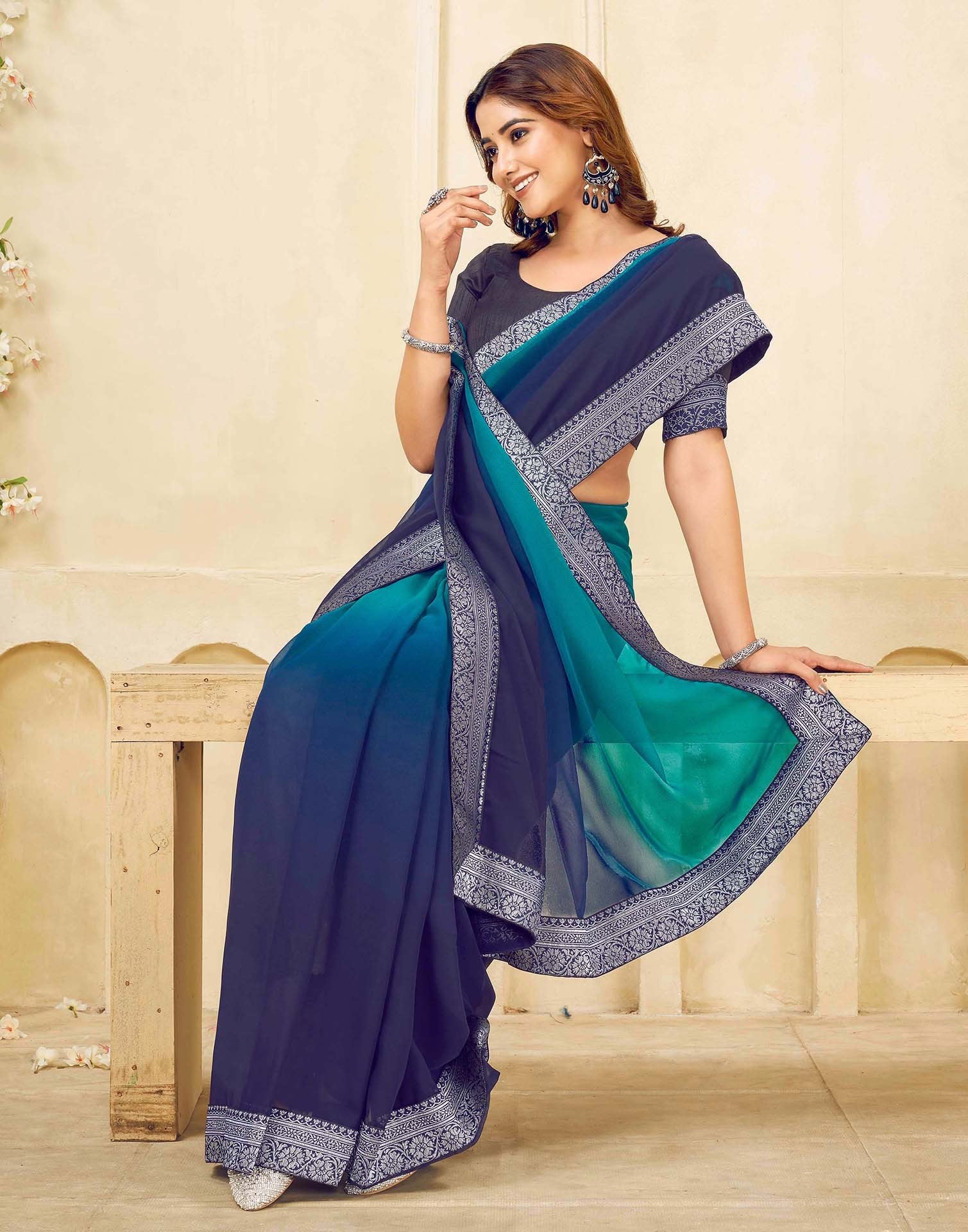 Navy Blue Georgette Woven Lace Saree