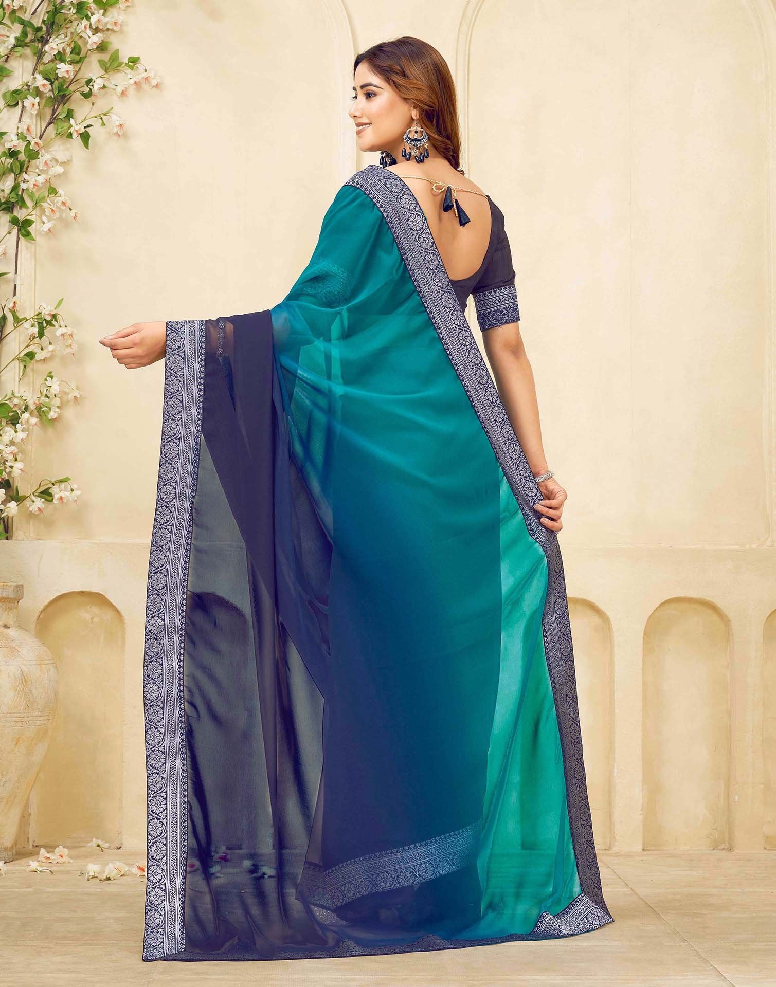 Navy Blue Georgette Woven Lace Saree