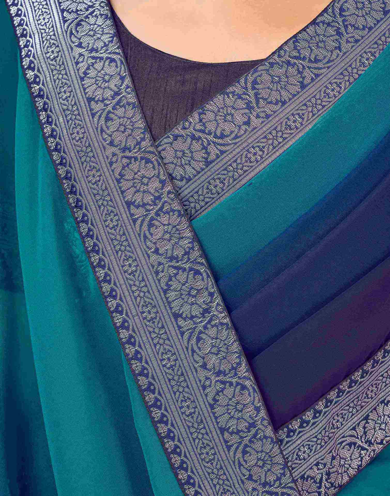 Navy Blue Georgette Woven Lace Saree