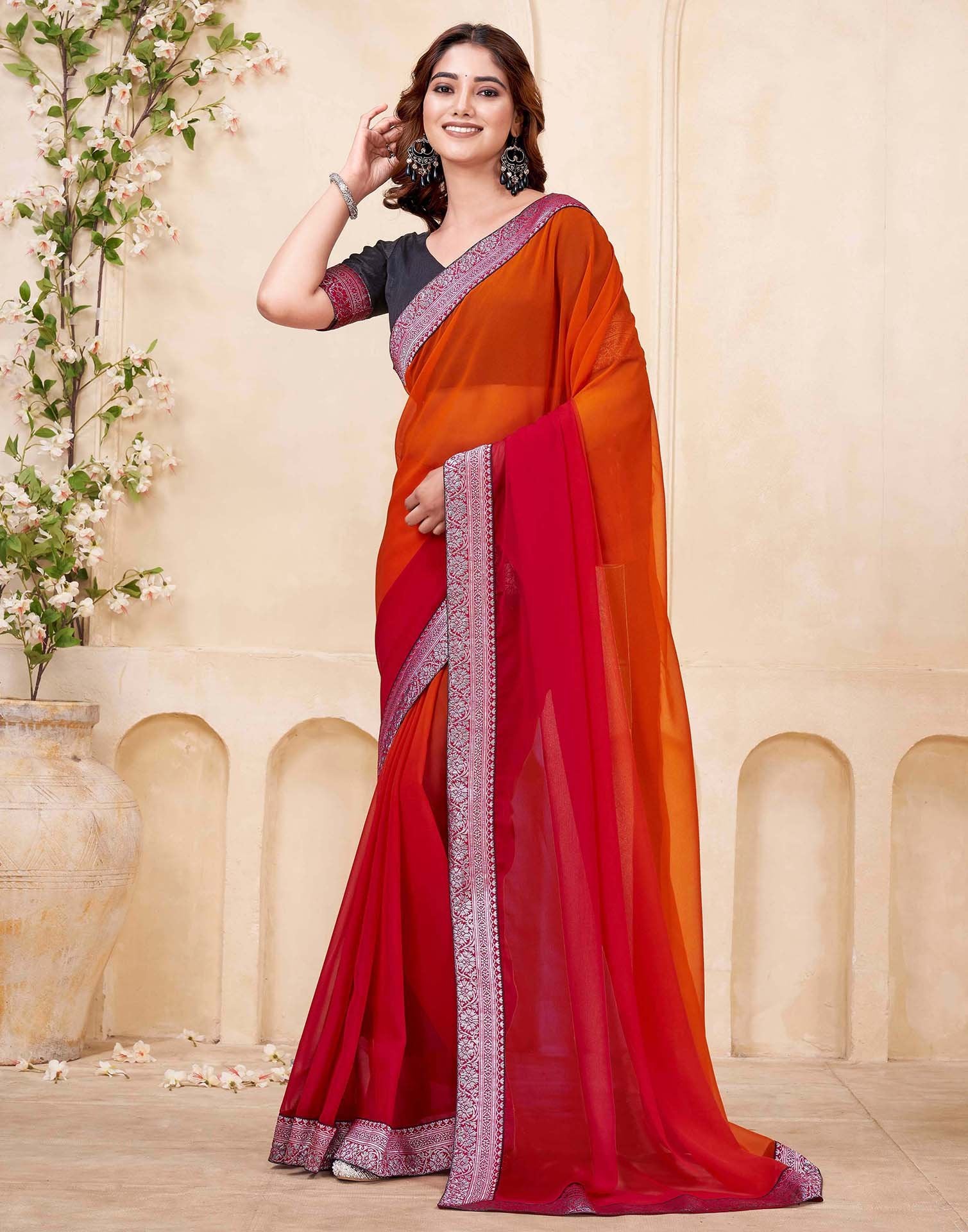 Red Georgette Woven Lace Saree