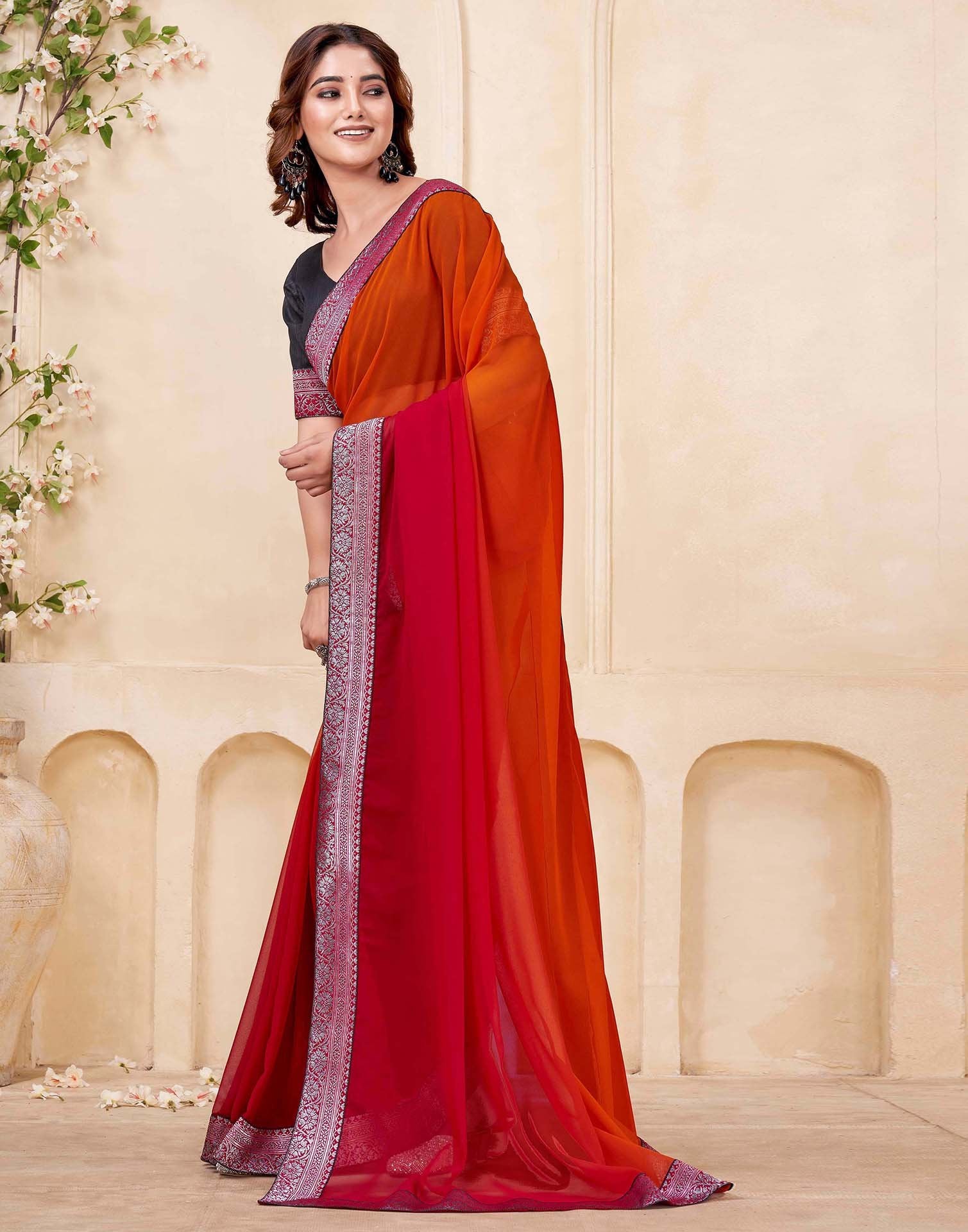 Red Georgette Woven Lace Saree