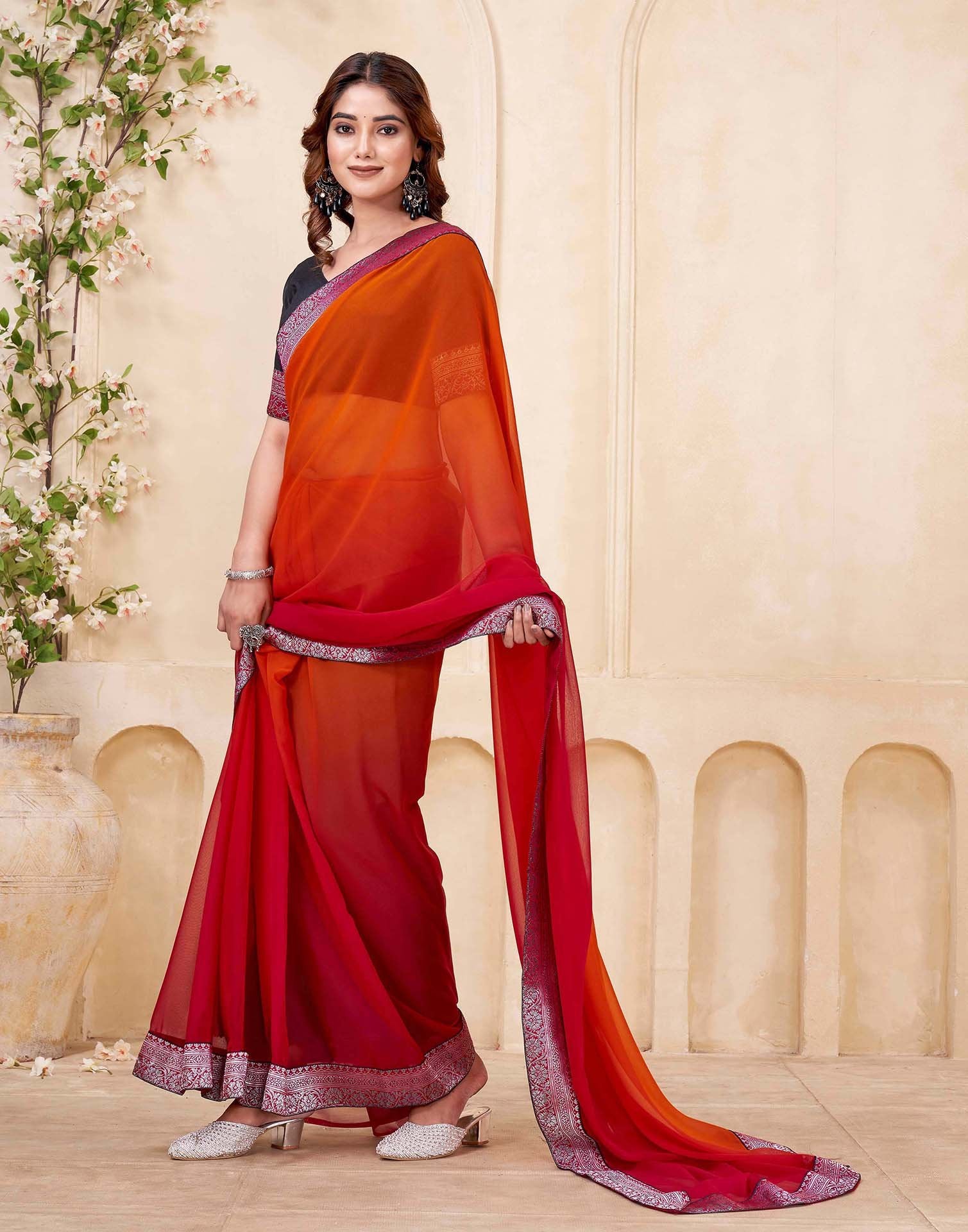 Red Georgette Woven Lace Saree