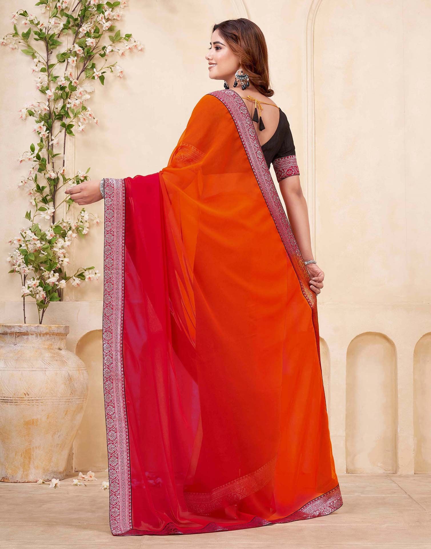 Red Georgette Woven Lace Saree