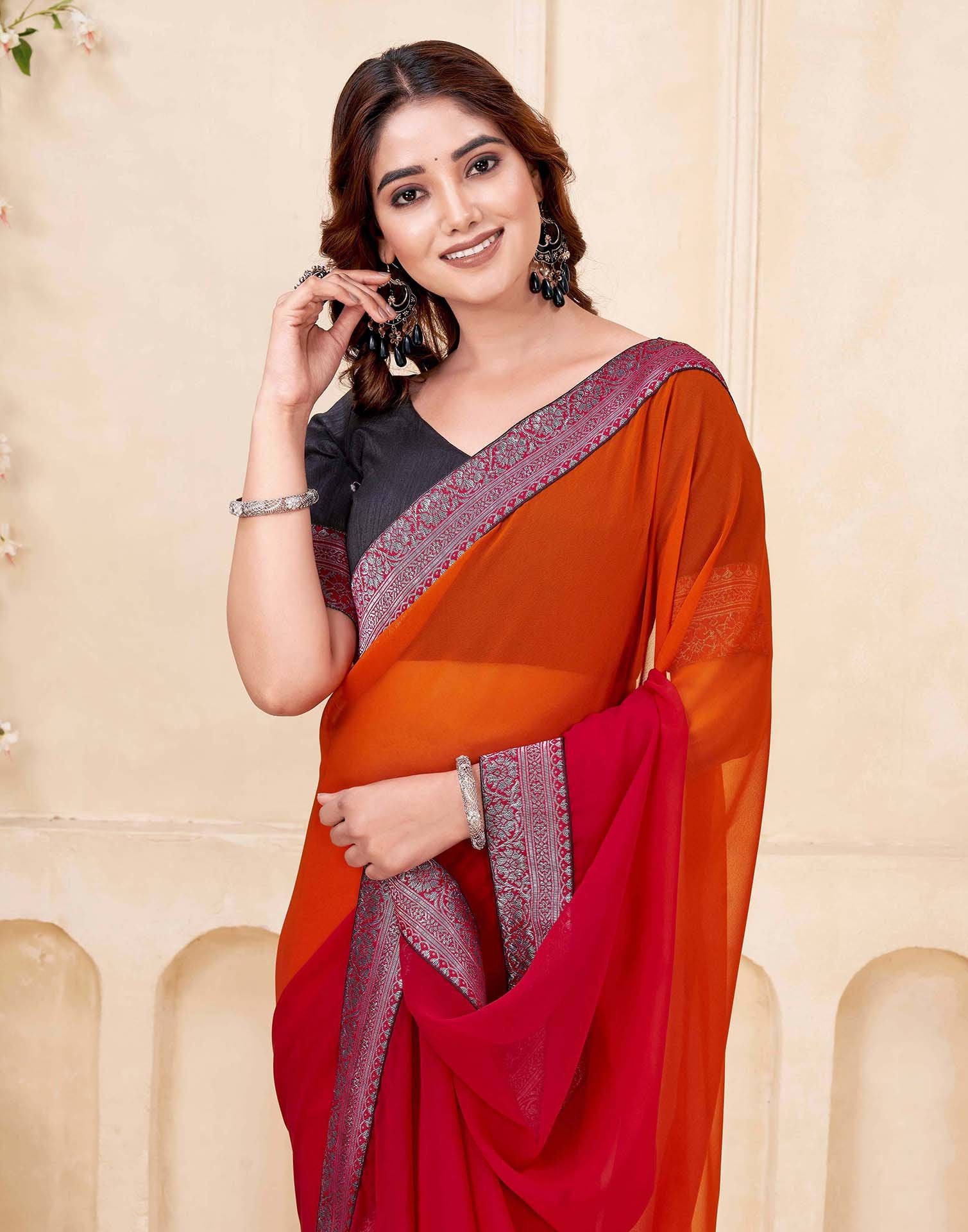 Red Georgette Woven Lace Saree