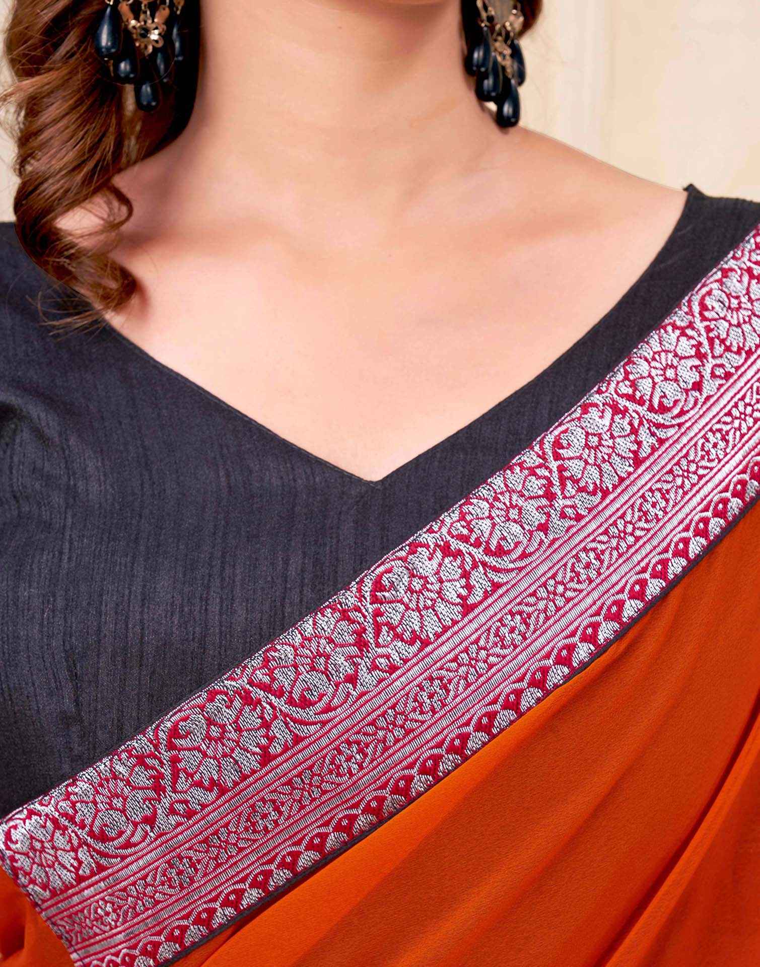 Red Georgette Woven Lace Saree