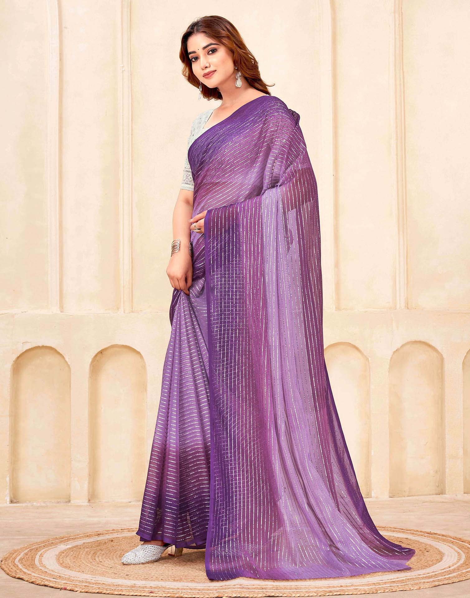 Purple Georgette Zari Stripe Saree