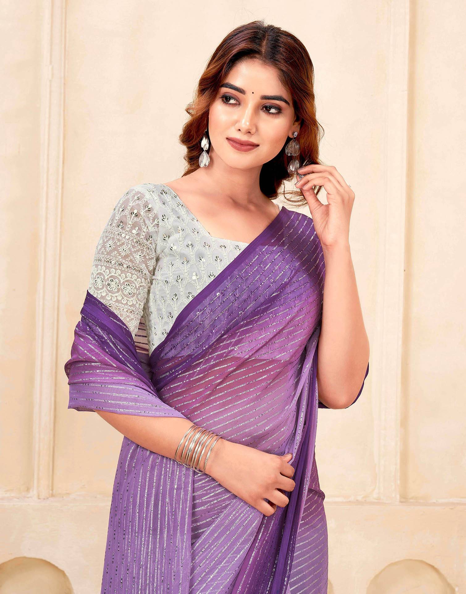 Purple Georgette Zari Stripe Saree