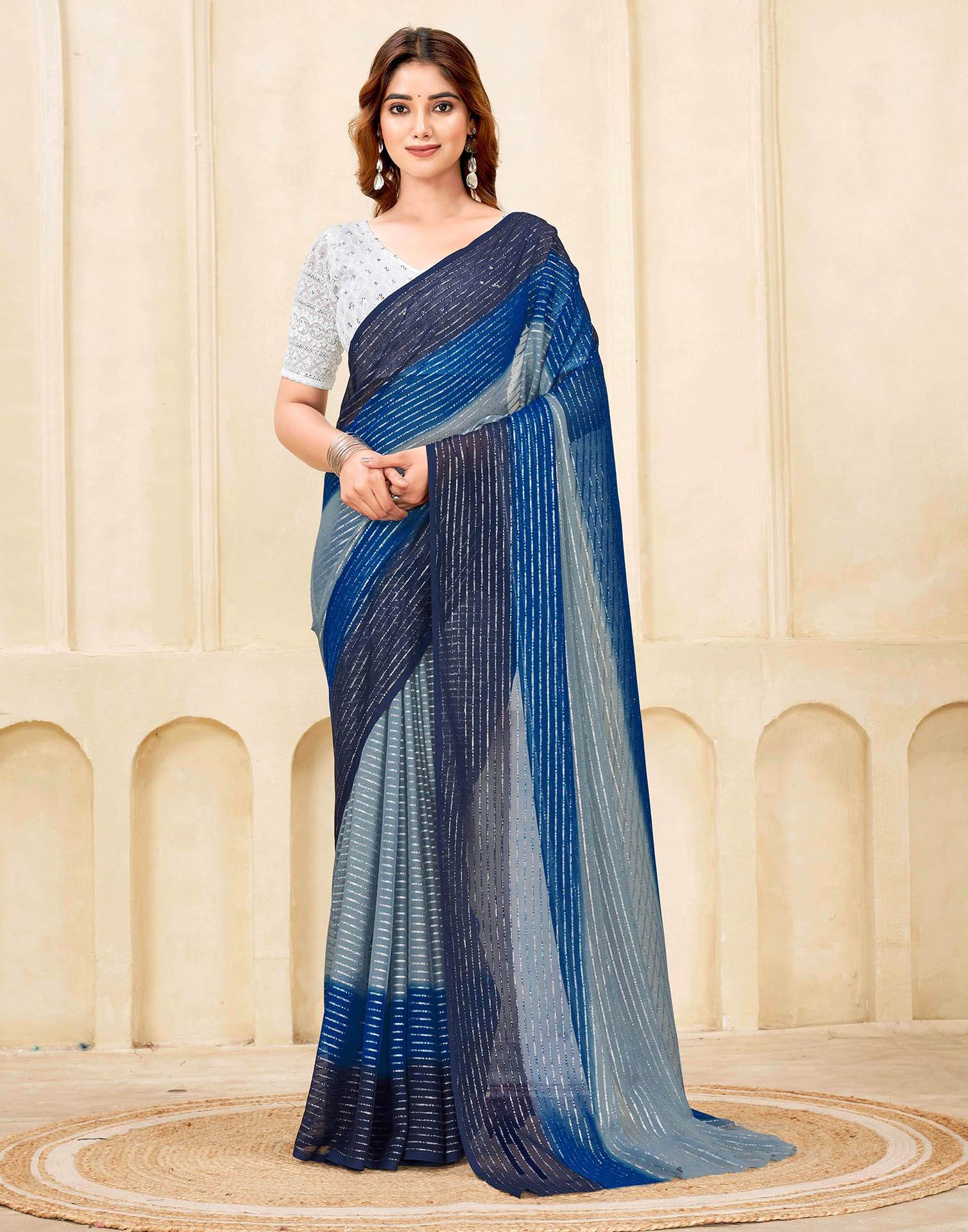 Navy Blue Georgette Zari Stripe Saree