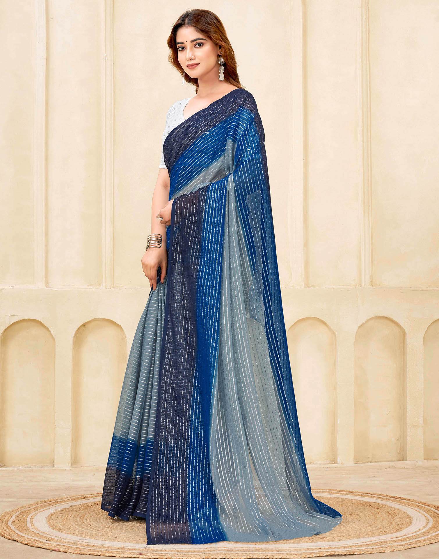 Navy Blue Georgette Zari Stripe Saree