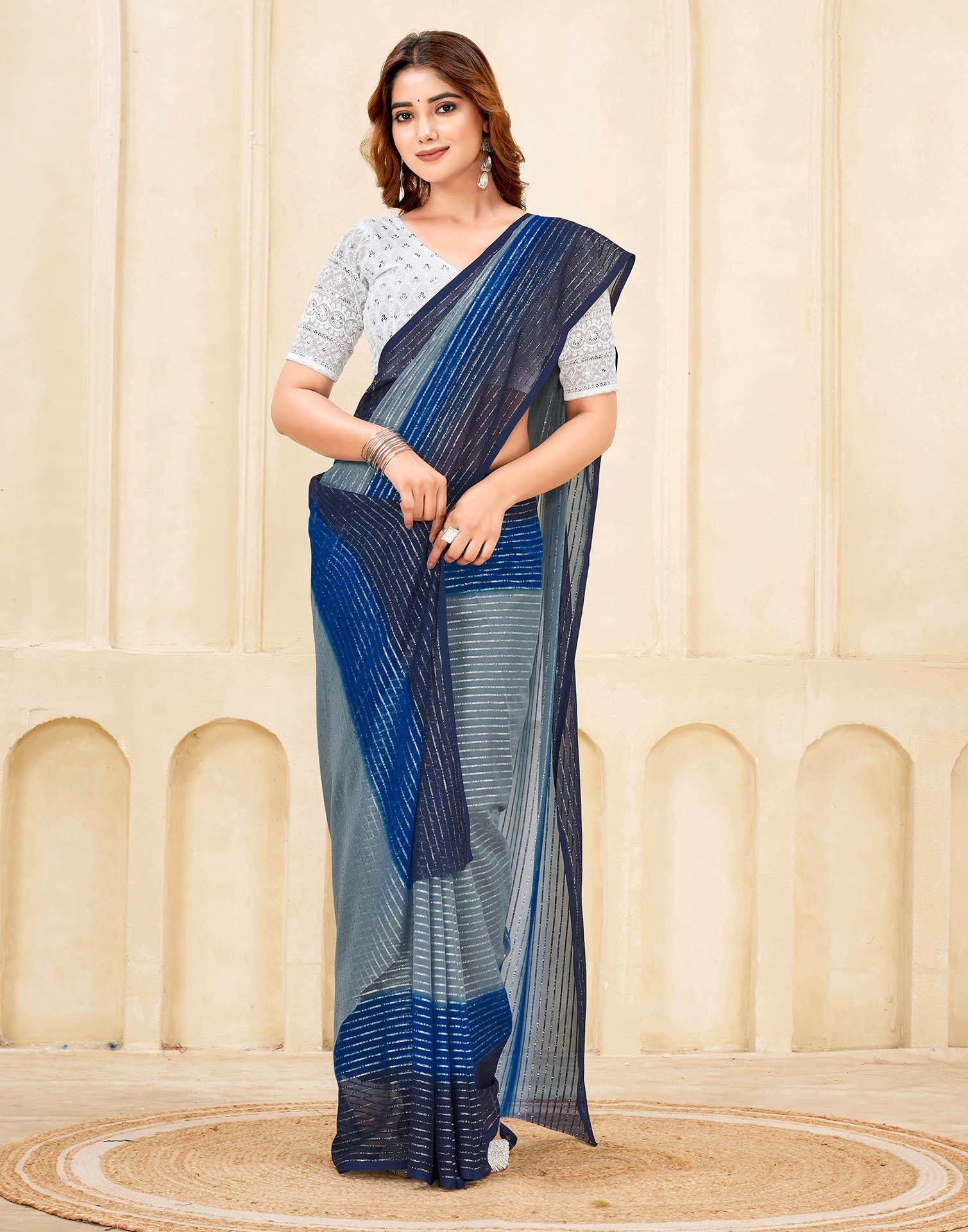 Navy Blue Georgette Zari Stripe Saree