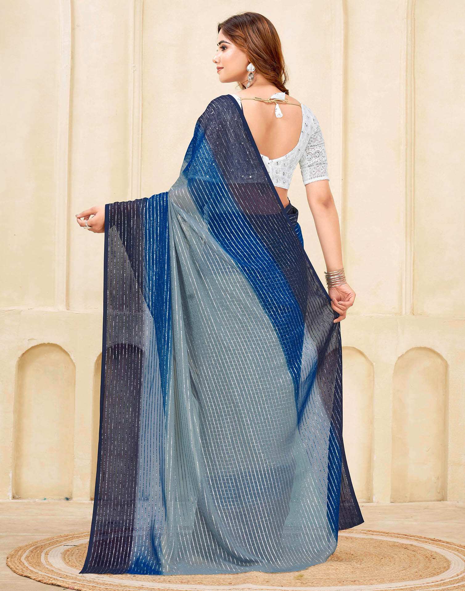 Navy Blue Georgette Zari Stripe Saree